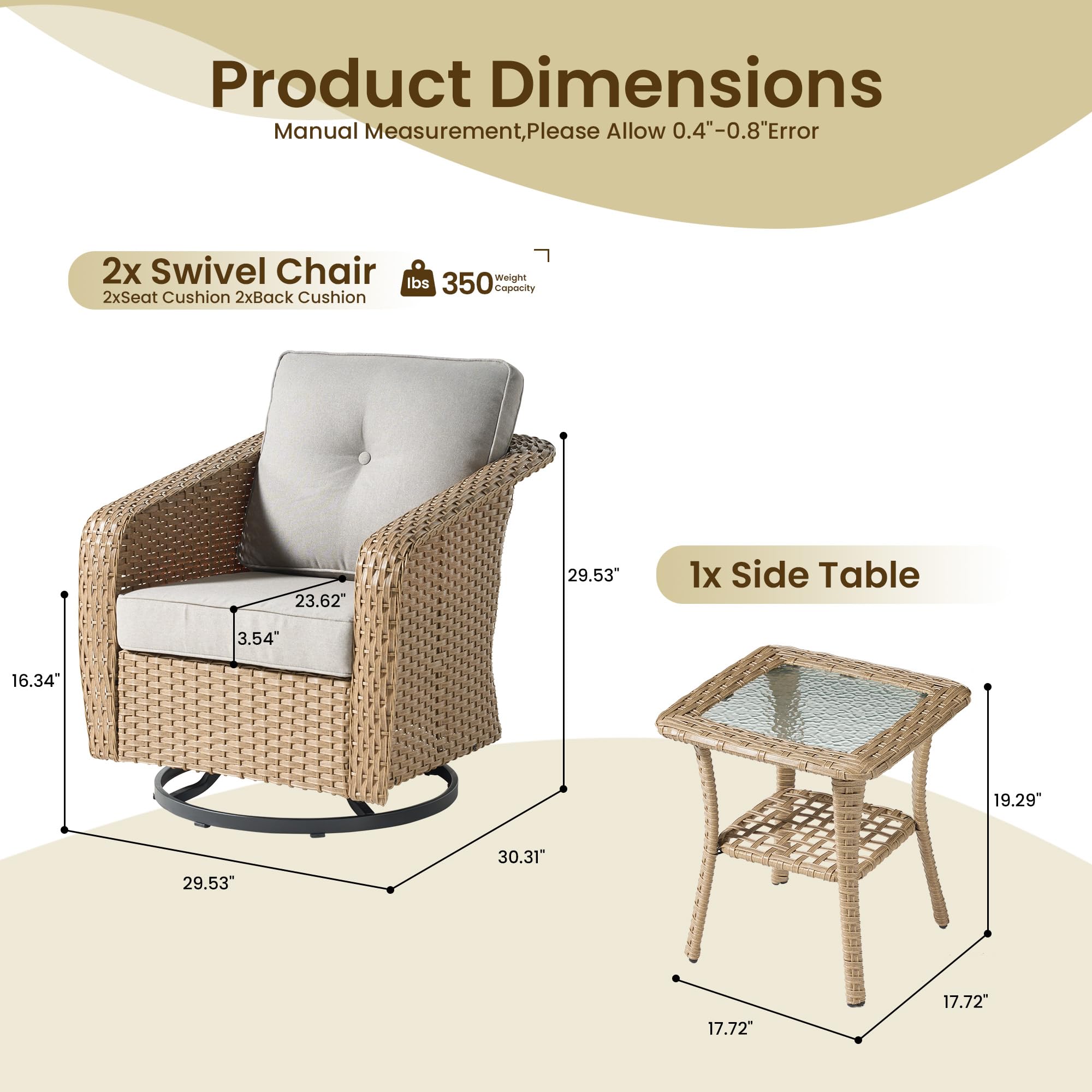 OVIOS 3 Pieces Patio Glider Chair Set, Outdoor Rocking Chairs of 2