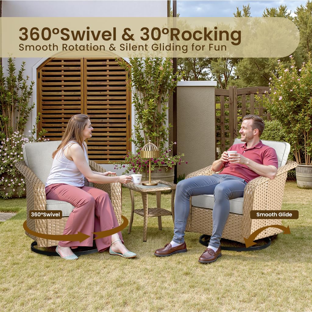OVIOS 3 Pieces Patio Glider Chair Set, Outdoor Rocking Chairs of 2