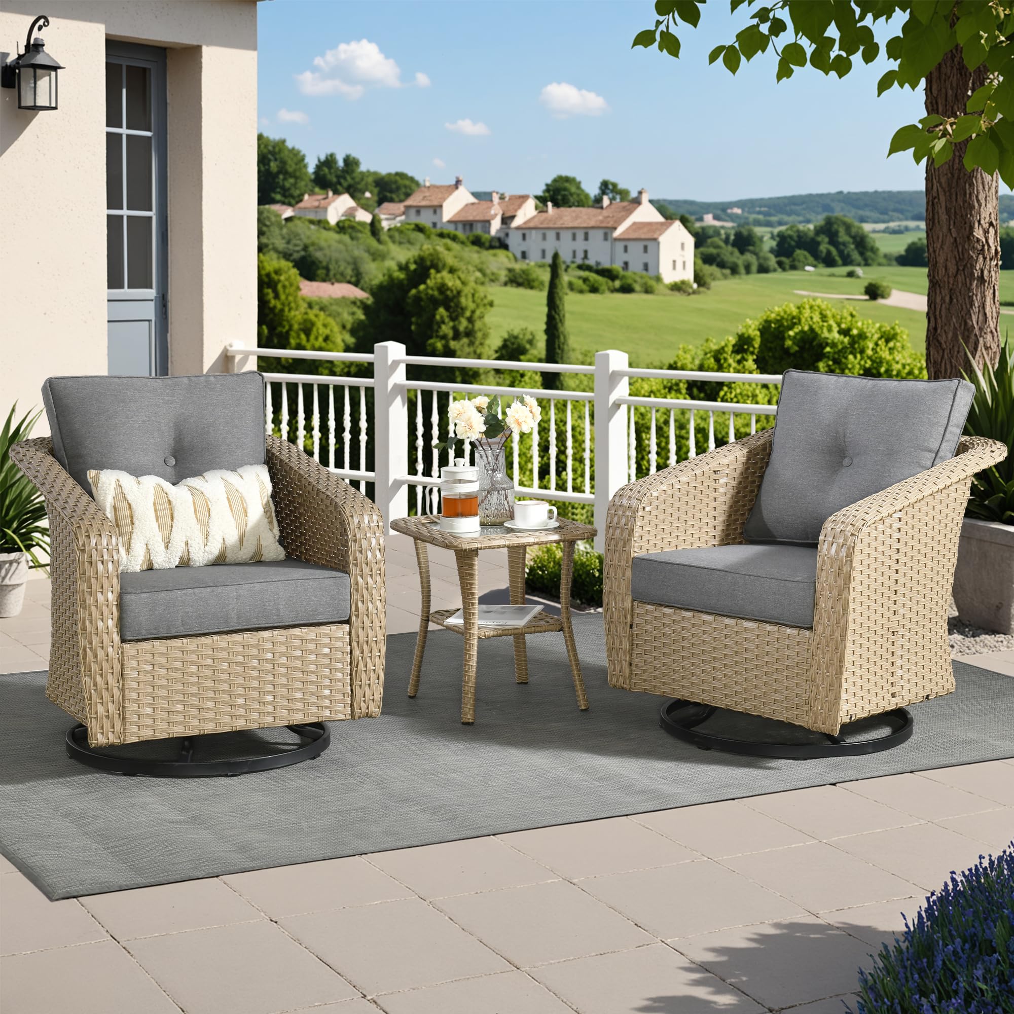 OVIOS 3 Pieces Patio Glider Chair Set, Outdoor Rocking Chairs of 2
