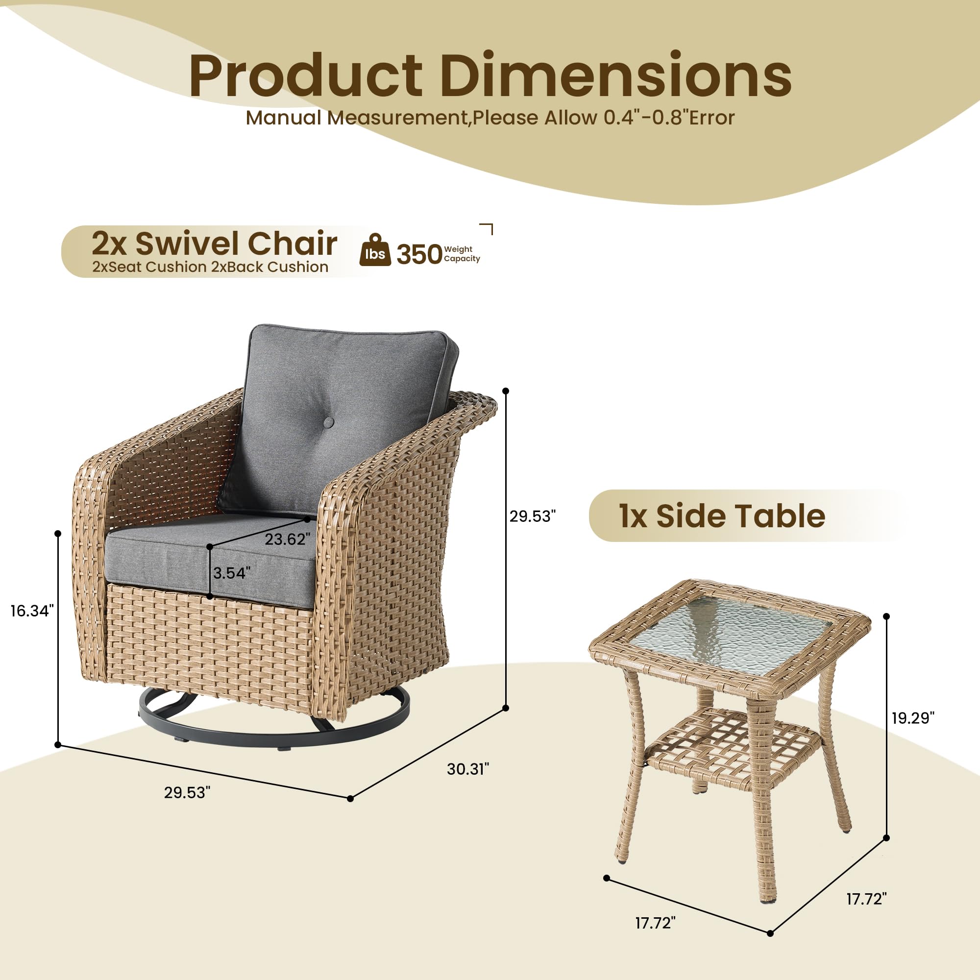 OVIOS 3 Pieces Patio Glider Chair Set, Outdoor Rocking Chairs of 2