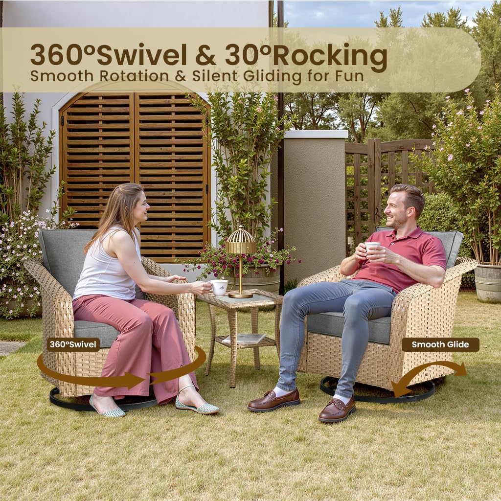 OVIOS 3 Pieces Patio Glider Chair Set, Outdoor Rocking Chairs of 2