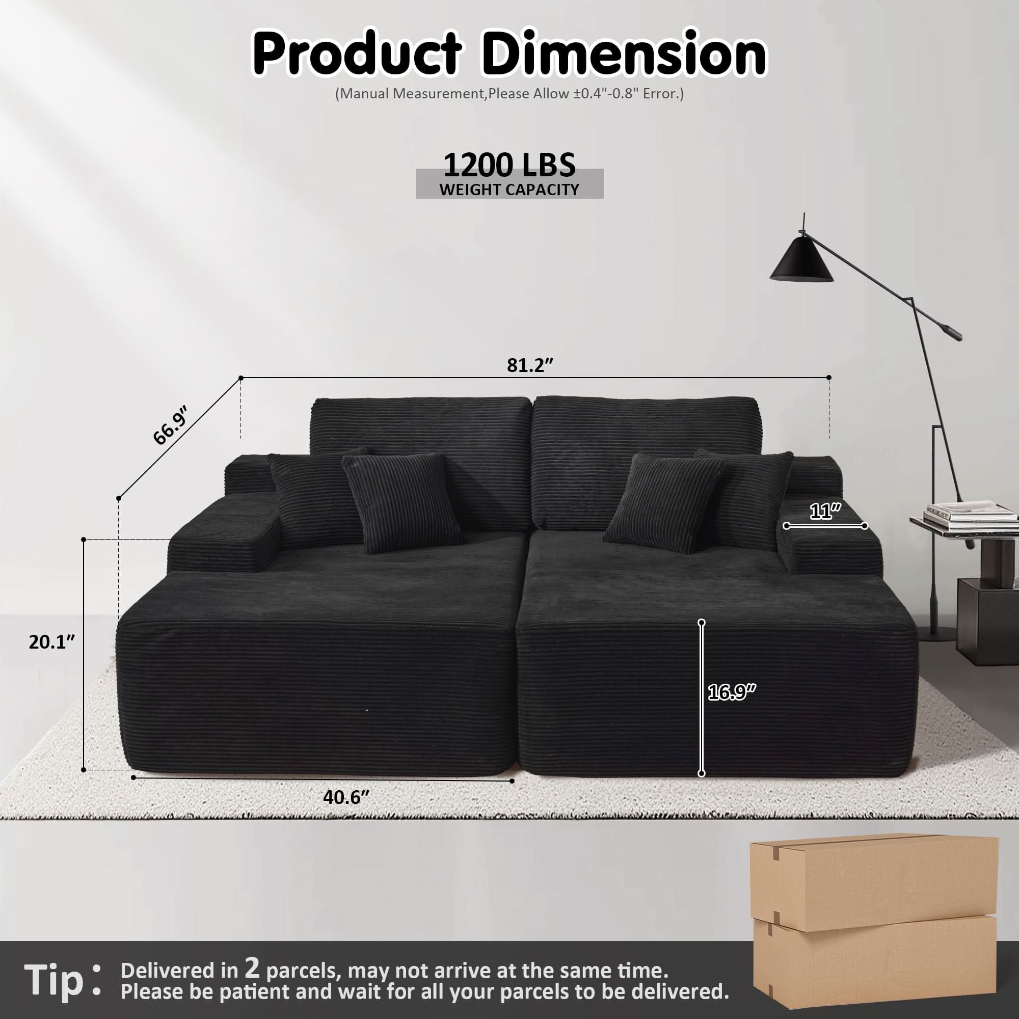 Ovios oversized sectional sofa in black corduroy, dimensions and weight capacity display, product detail.