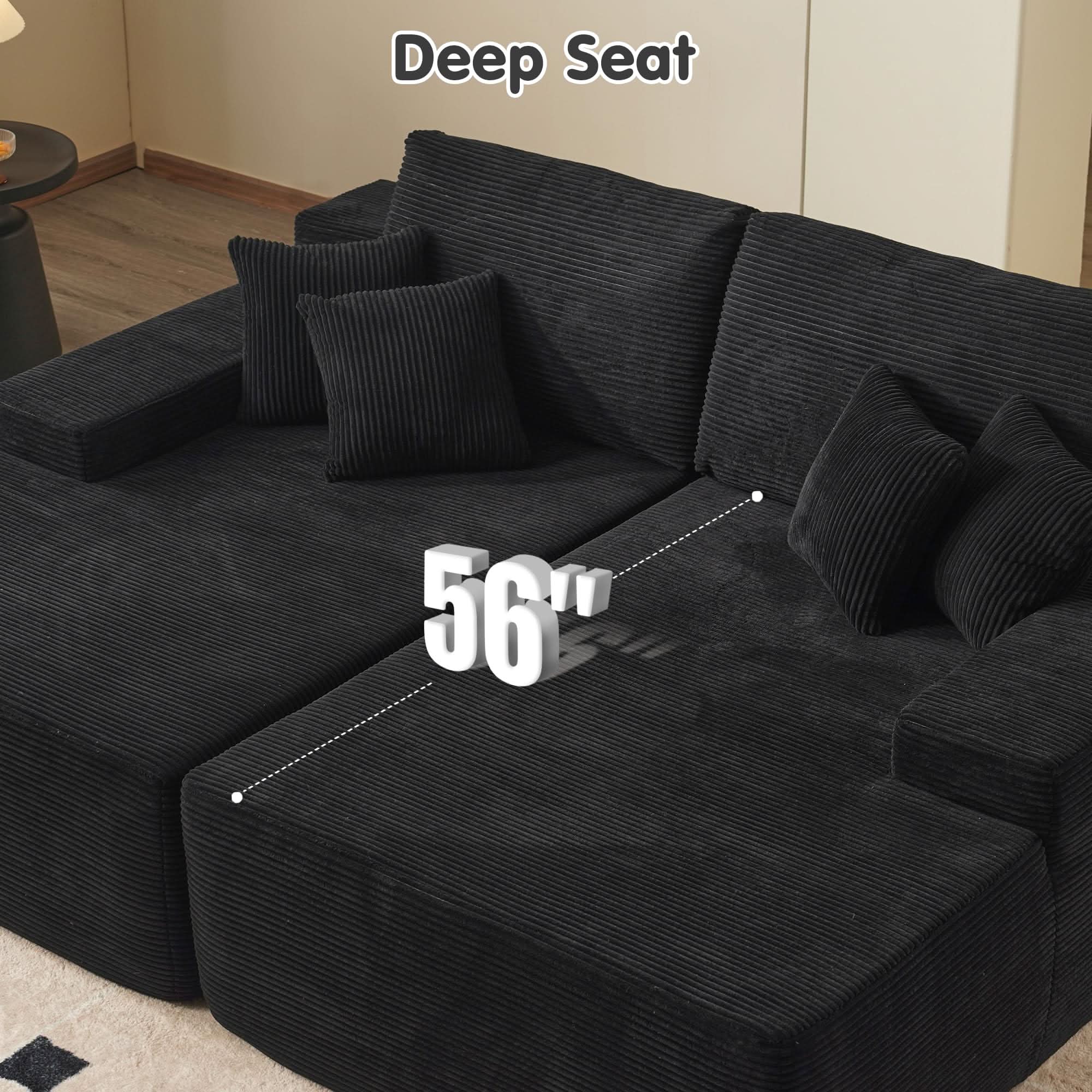 Ovios sectional sofa with 56" deep seat in black corduroy fabric, deep seat design for maximum comfort