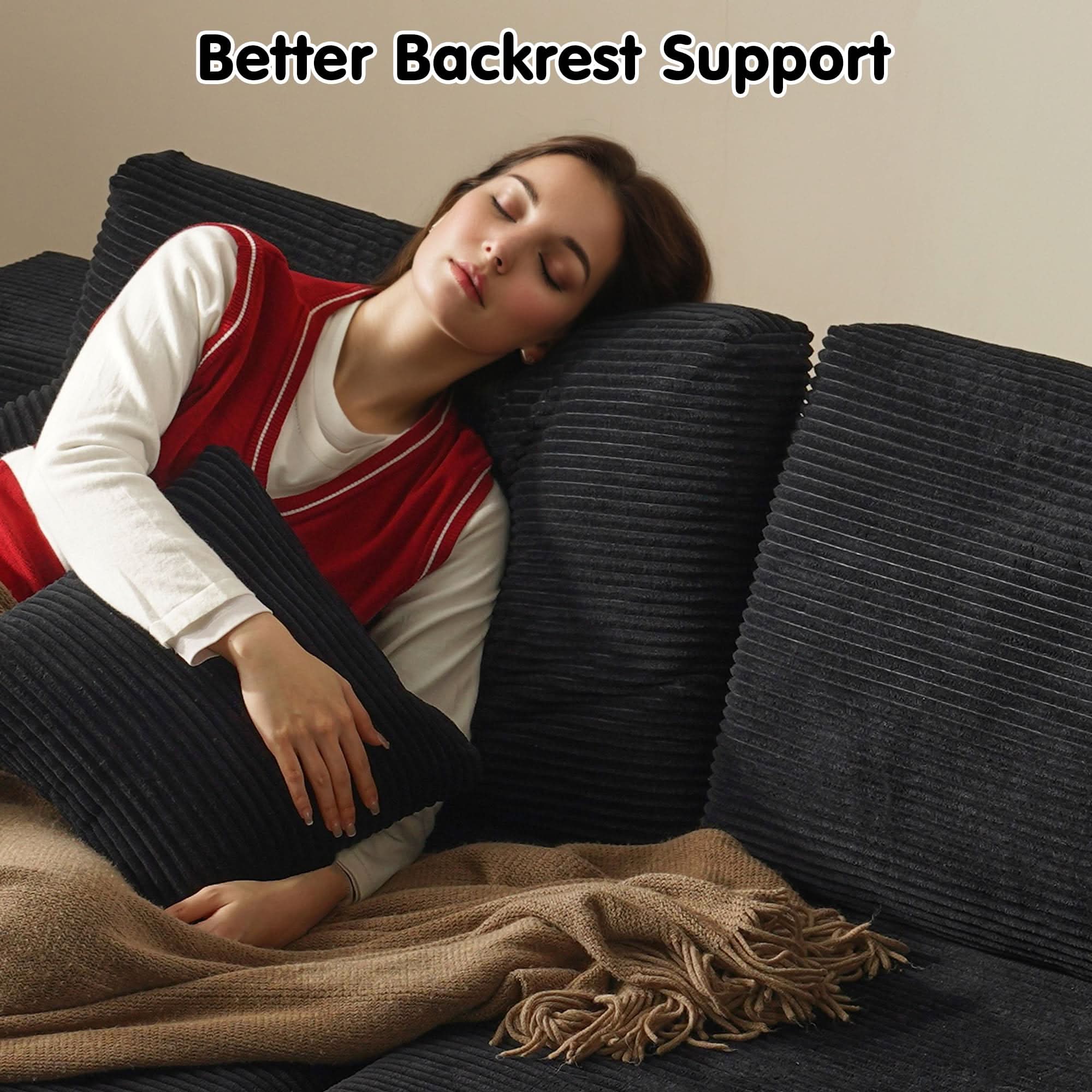 Gray corduroy sectional sofa with better backrest support. Woman relaxing, comfortable lounge chaise.