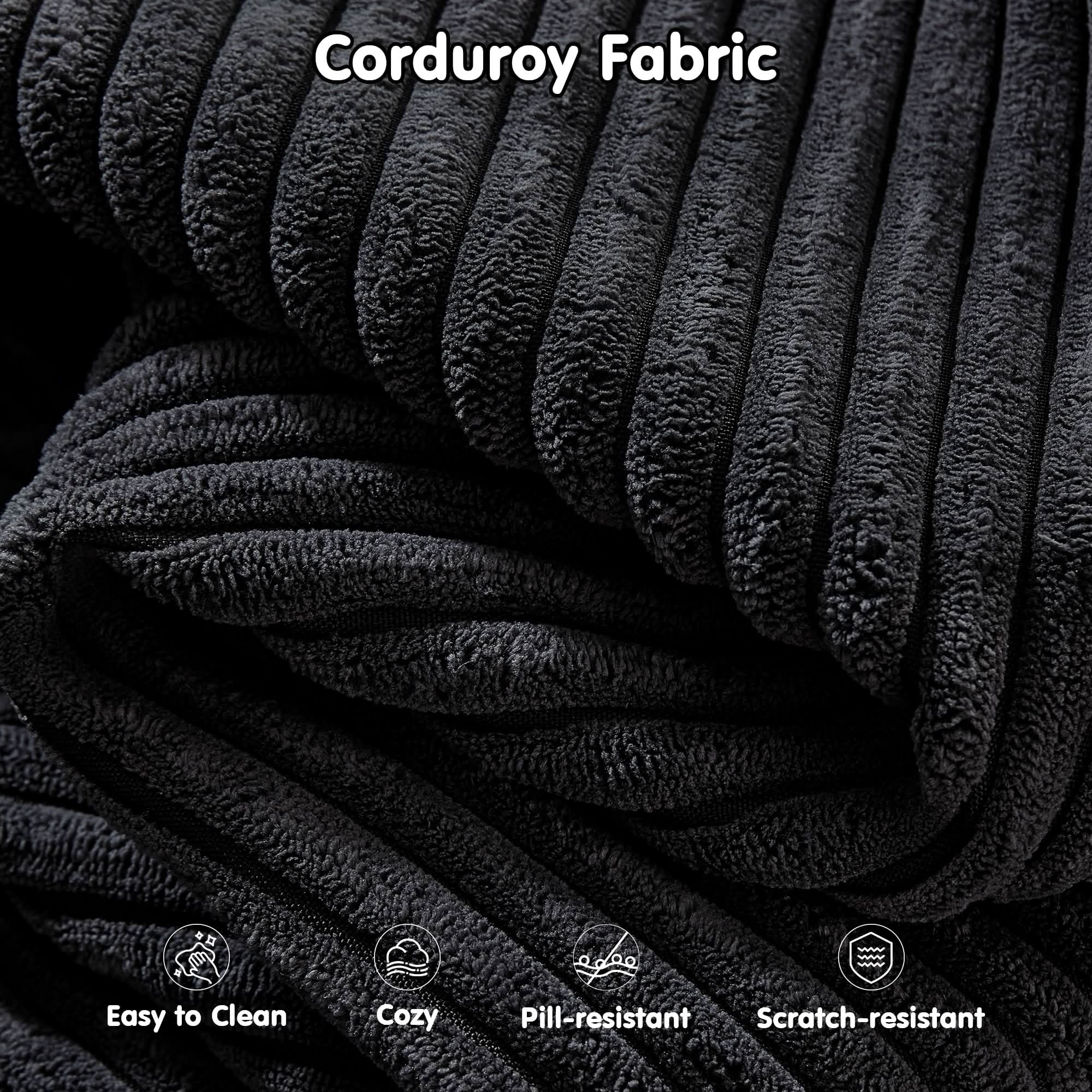 Black corduroy fabric close-up, easy to clean, cozy, pill & scratch resistant for the sectional sofa.