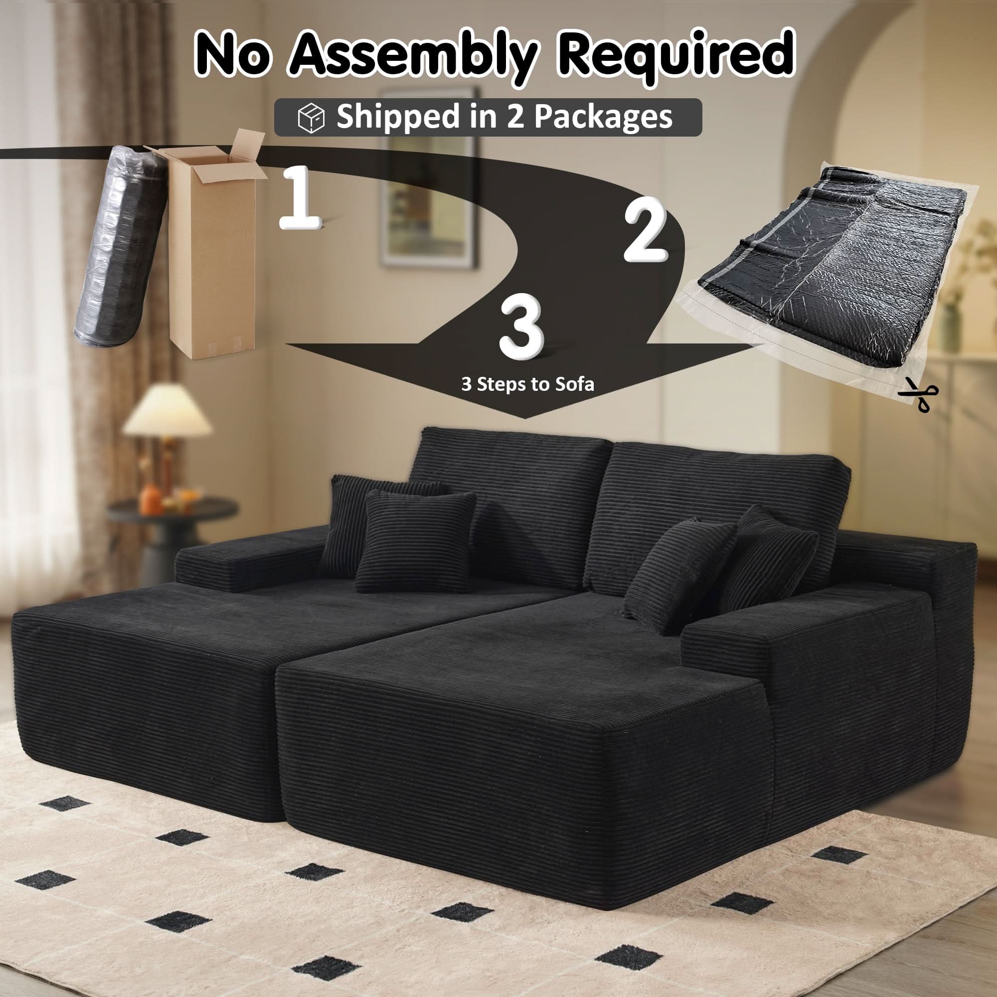 Ovios oversized black corduroy sectional sofa, no assembly required, shipped in 2 packages, 3 steps to sofa