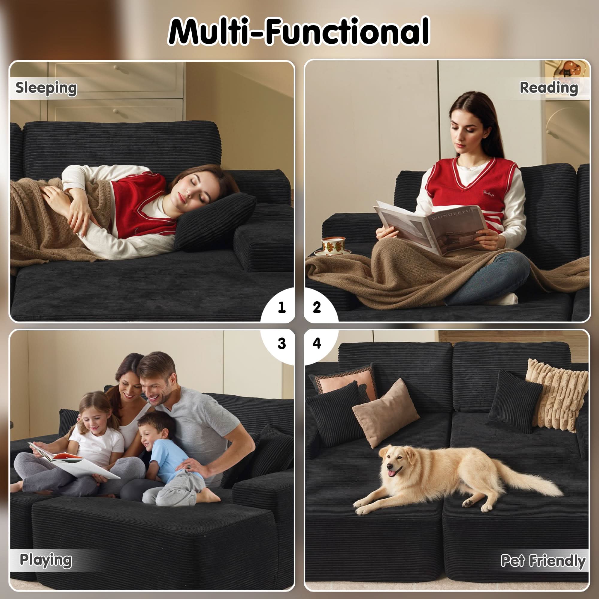 Ovios black corduroy sectional sofa: multi-functional for sleeping, reading, playing, and pets