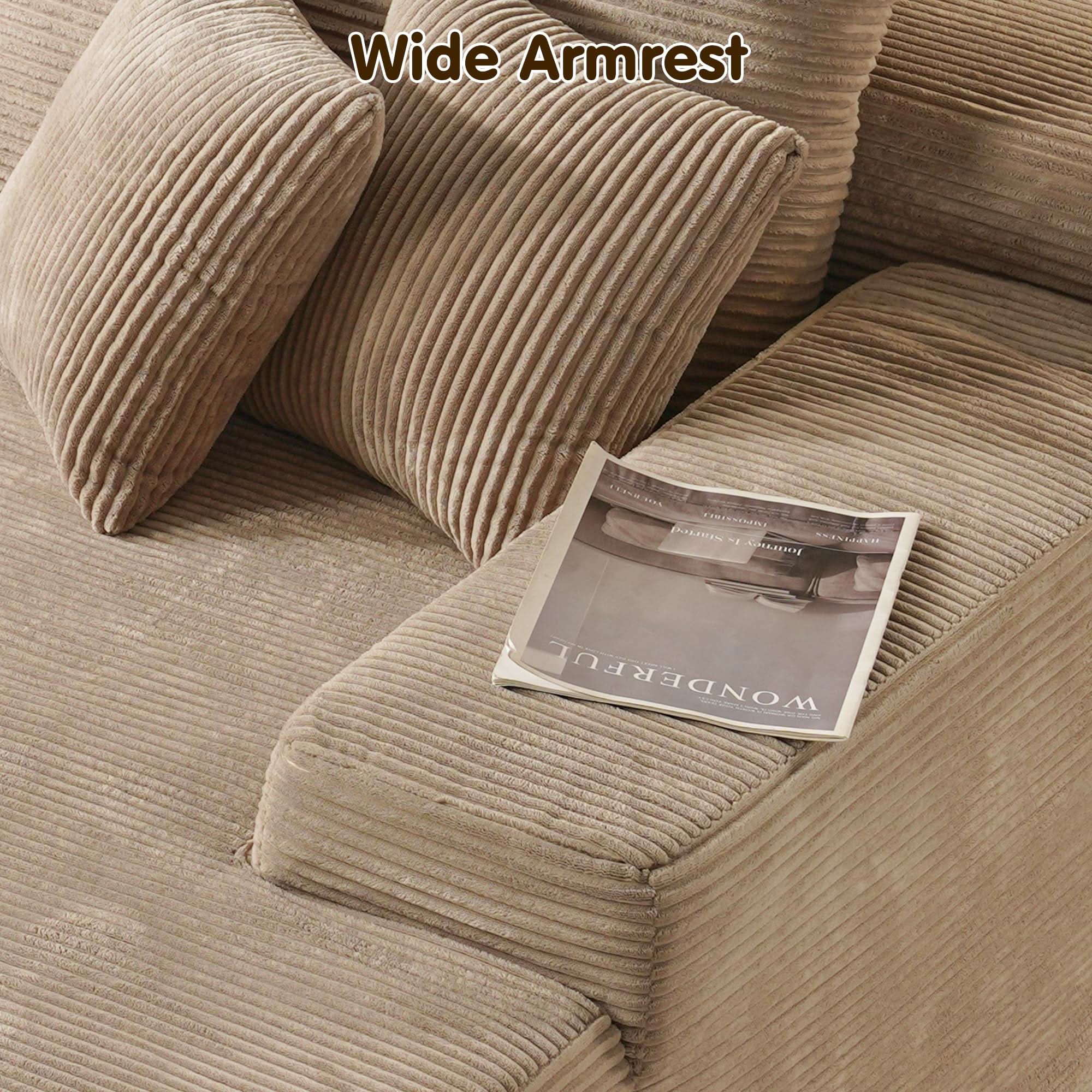Ovios beige corduroy sectional sofa with wide armrest and magazine, cloud plush design