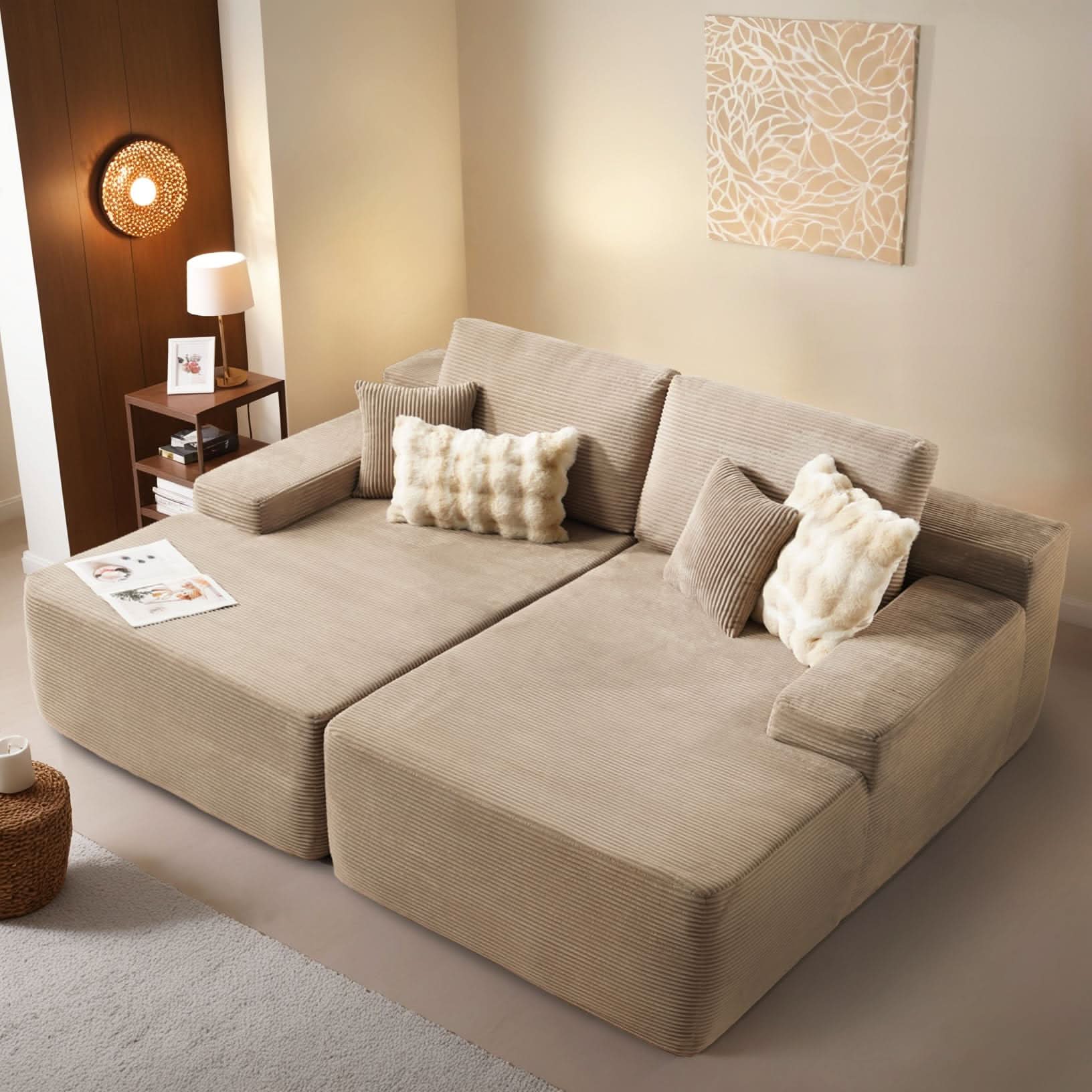 Ovios beige corduroy sectional sofa with chaise lounge, perfect for relaxing. Includes pillows and magazine.