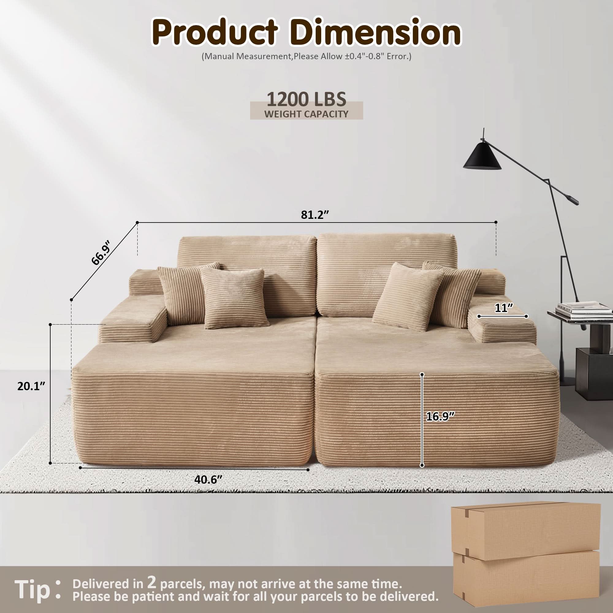 Ovios sectional sofa dimensions: beige corduroy, 81.2" wide, 56" deep seat, 1200 lbs capacity