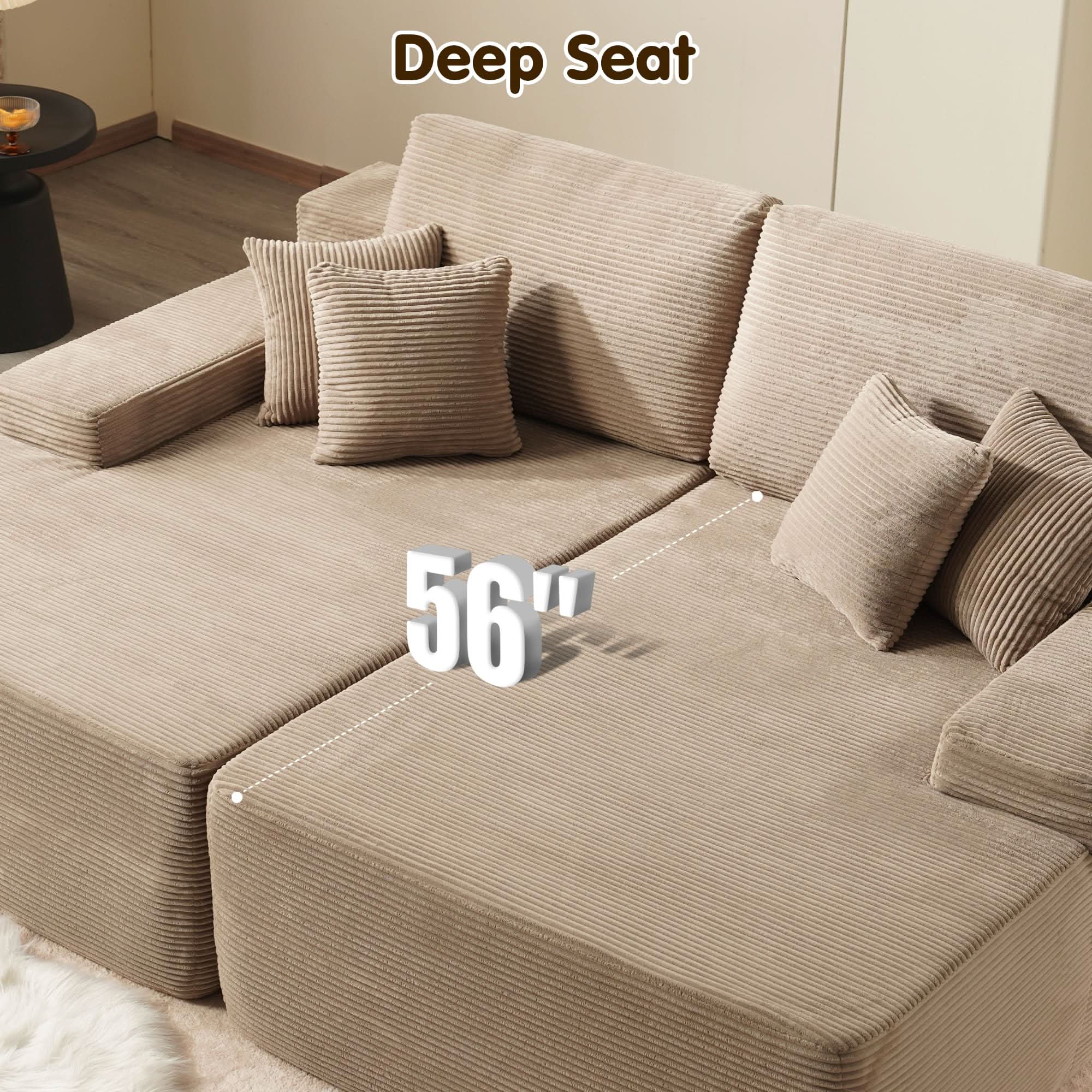 Ovios 56" deep seat sectional sofa in beige corduroy fabric, deep seating design, and comfort