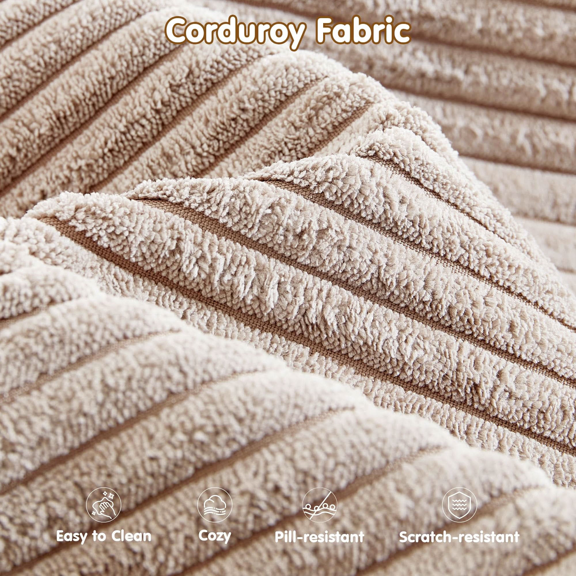 Ovios beige corduroy fabric close-up: easy clean, cozy, pill & scratch resistant sectional sofa