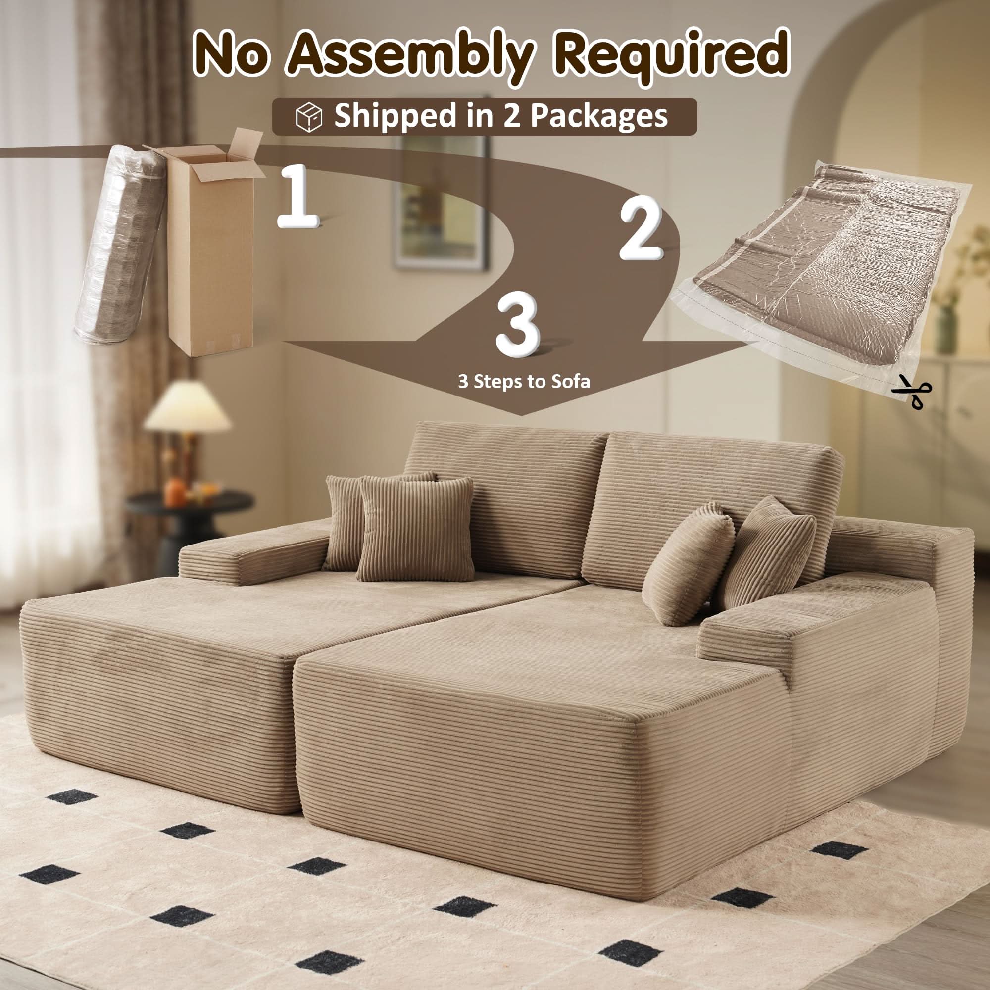 Ovios beige corduroy sectional sofa, no assembly required, easy setup