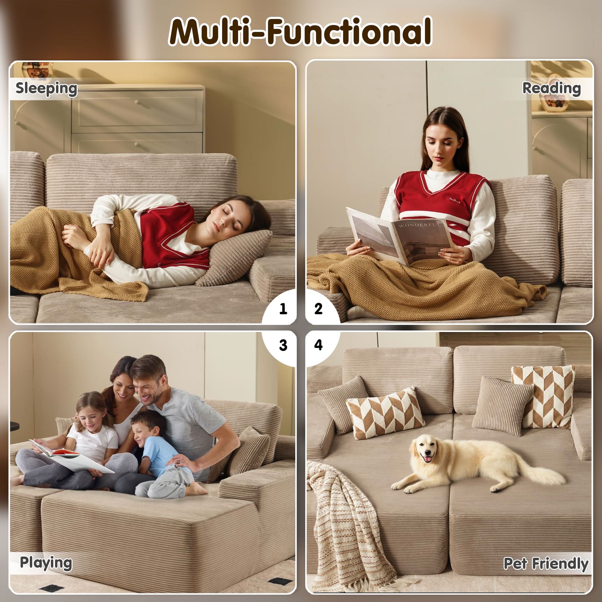 Ovios beige corduroy sectional sofa showcasing multi-functional use: sleeping, reading, playing, and pet-friendly.