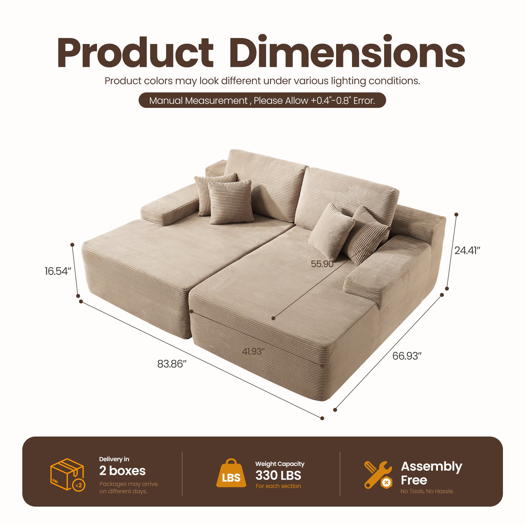 OVIOS 81" Boneless Sofa, Sleeper Couch, No Assembly Required
