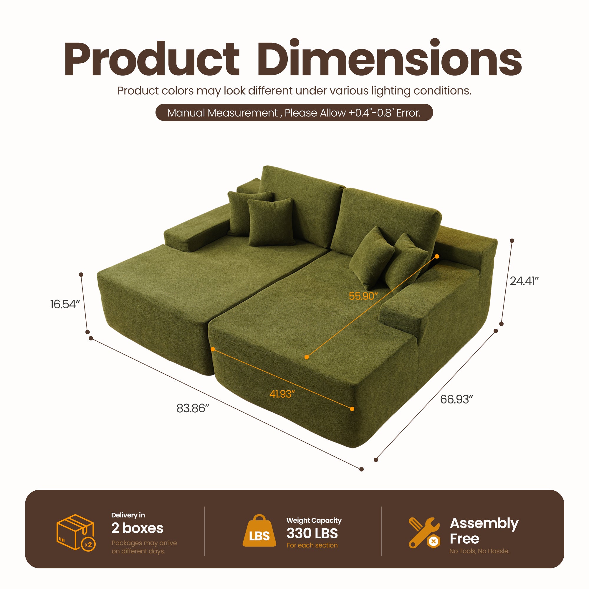 OVIOS 81" Boneless Sofa, Sleeper Couch, No Assembly Required