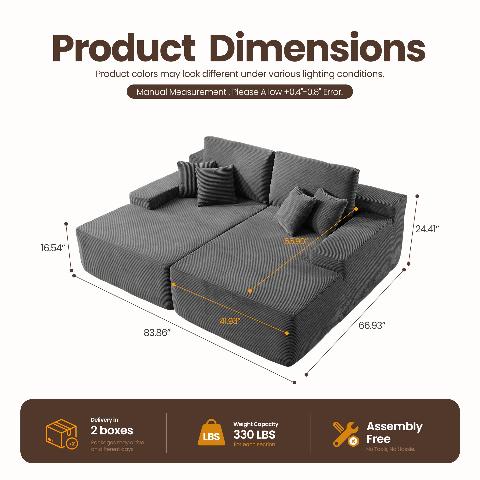 OVIOS 81" Boneless Sofa, Sleeper Couch, No Assembly Required