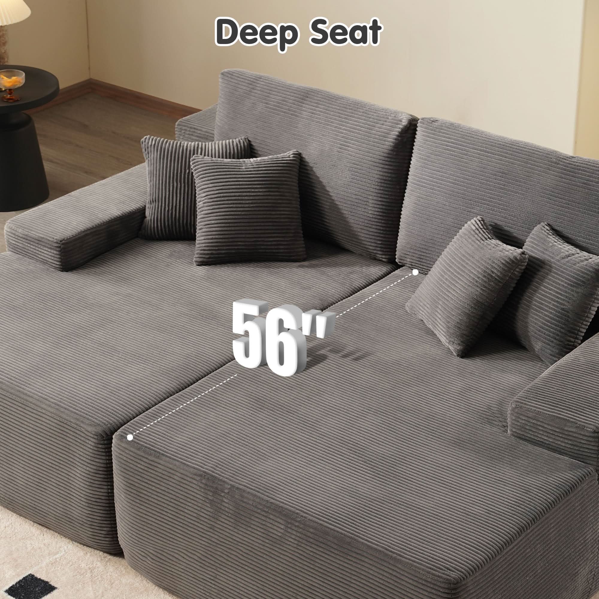Ovios oversized sectional sofa with 56" deep seat in gray corduroy fabric for maximum comfort