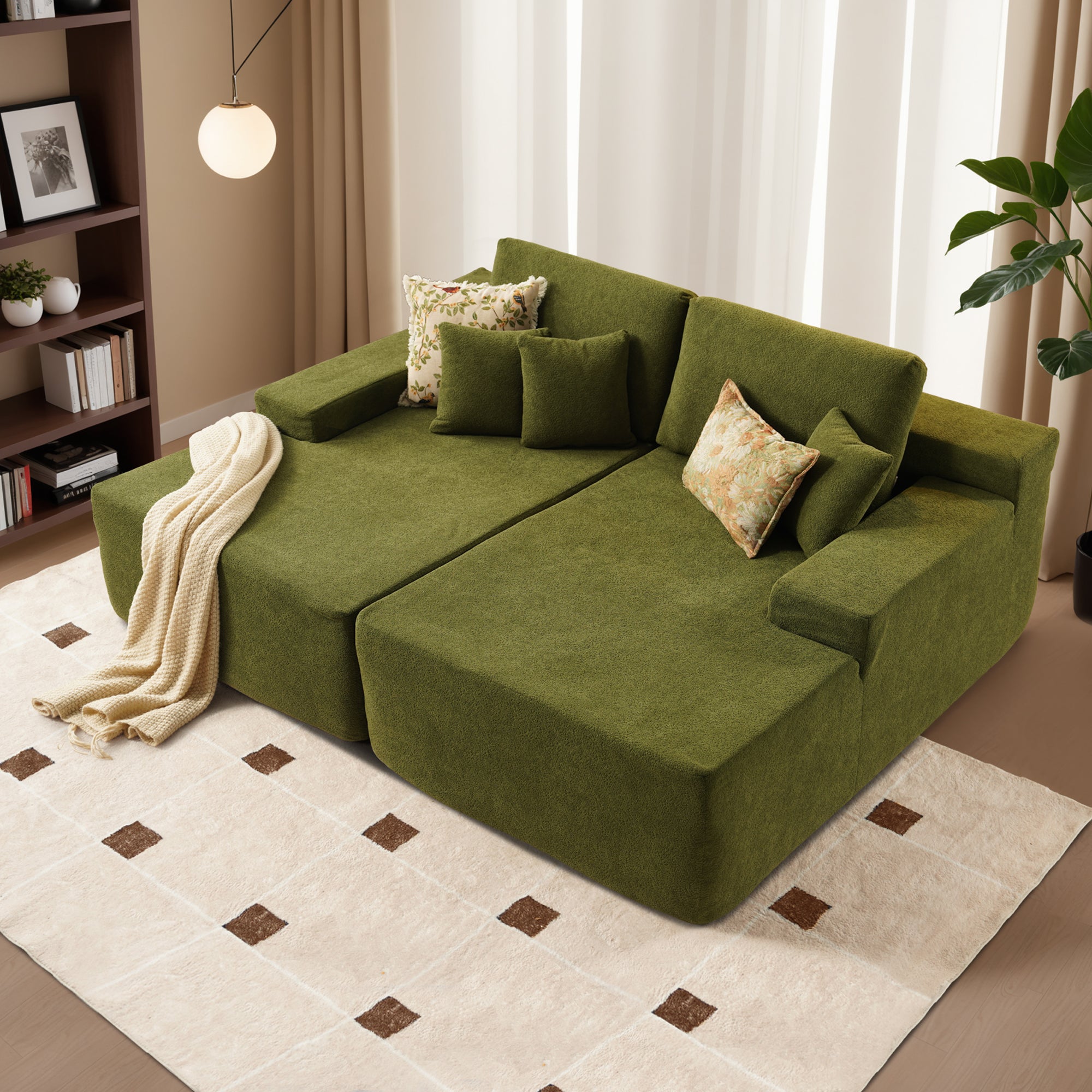 Ovios green corduroy sectional sofa with pillows, modern living room design, no assembly required