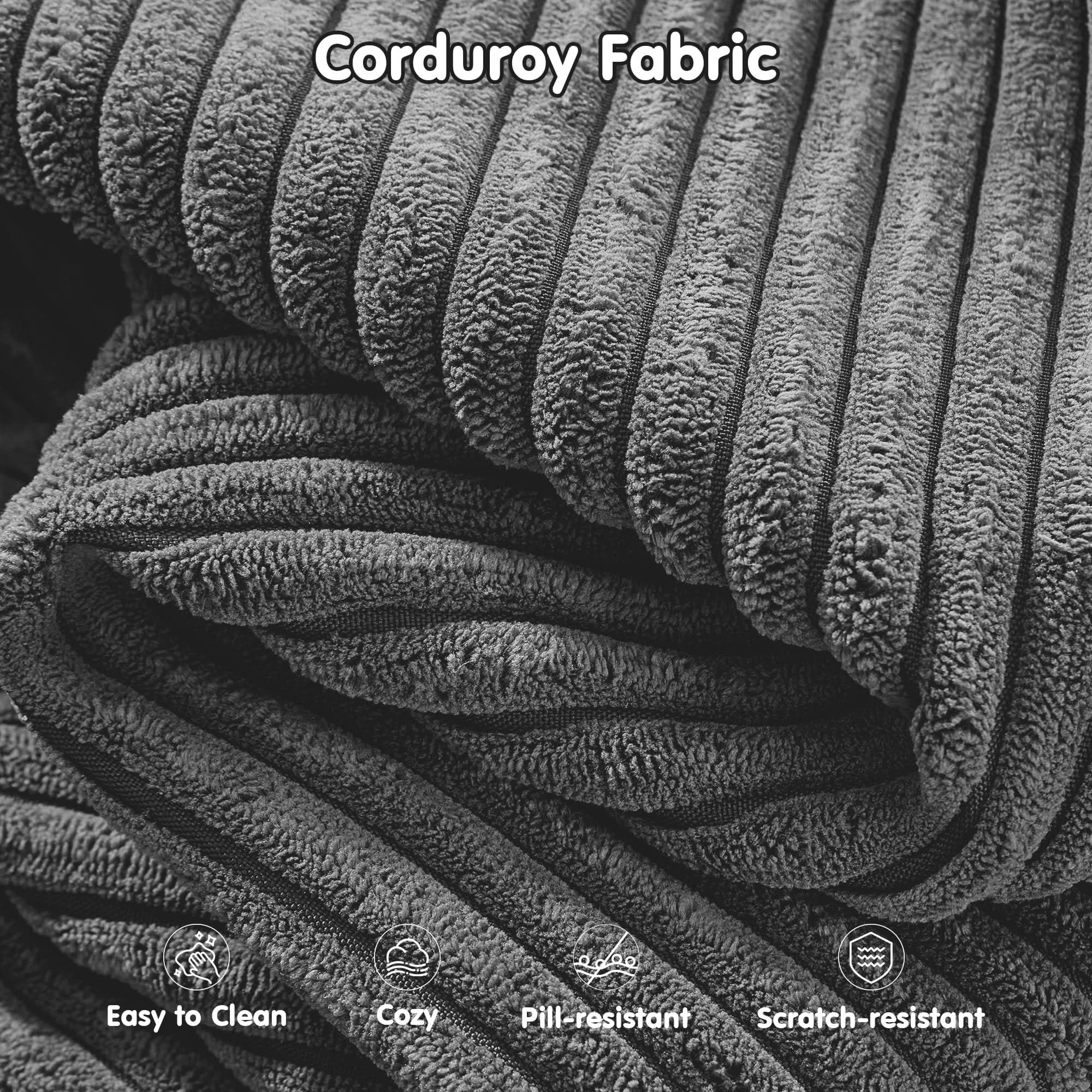 Ovios gray corduroy fabric close-up: easy clean, cozy, pill & scratch resistant for sectional sofa