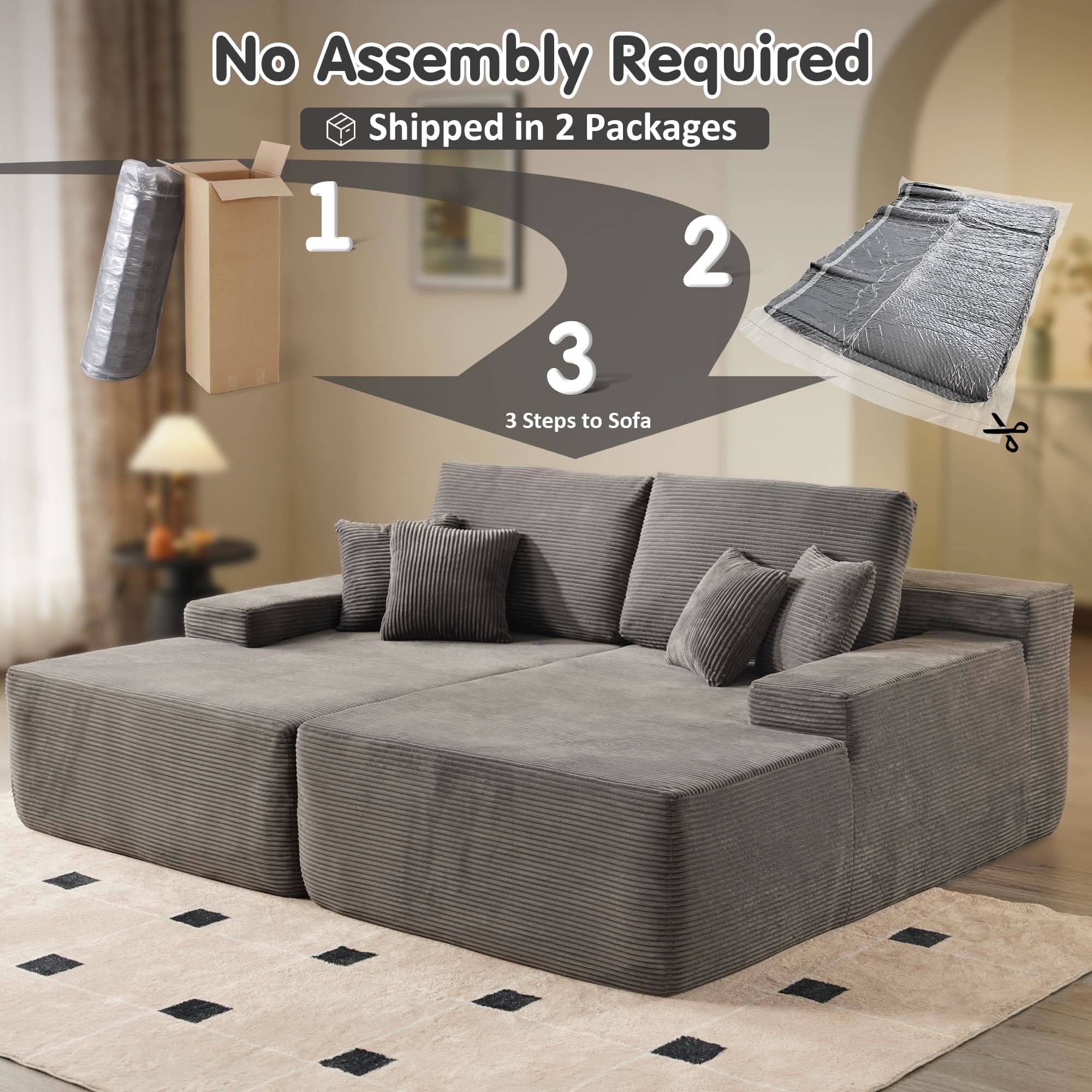 Ovios oversized gray corduroy sectional sofa, no assembly required, shipped in 2 packages, 3 steps to sofa