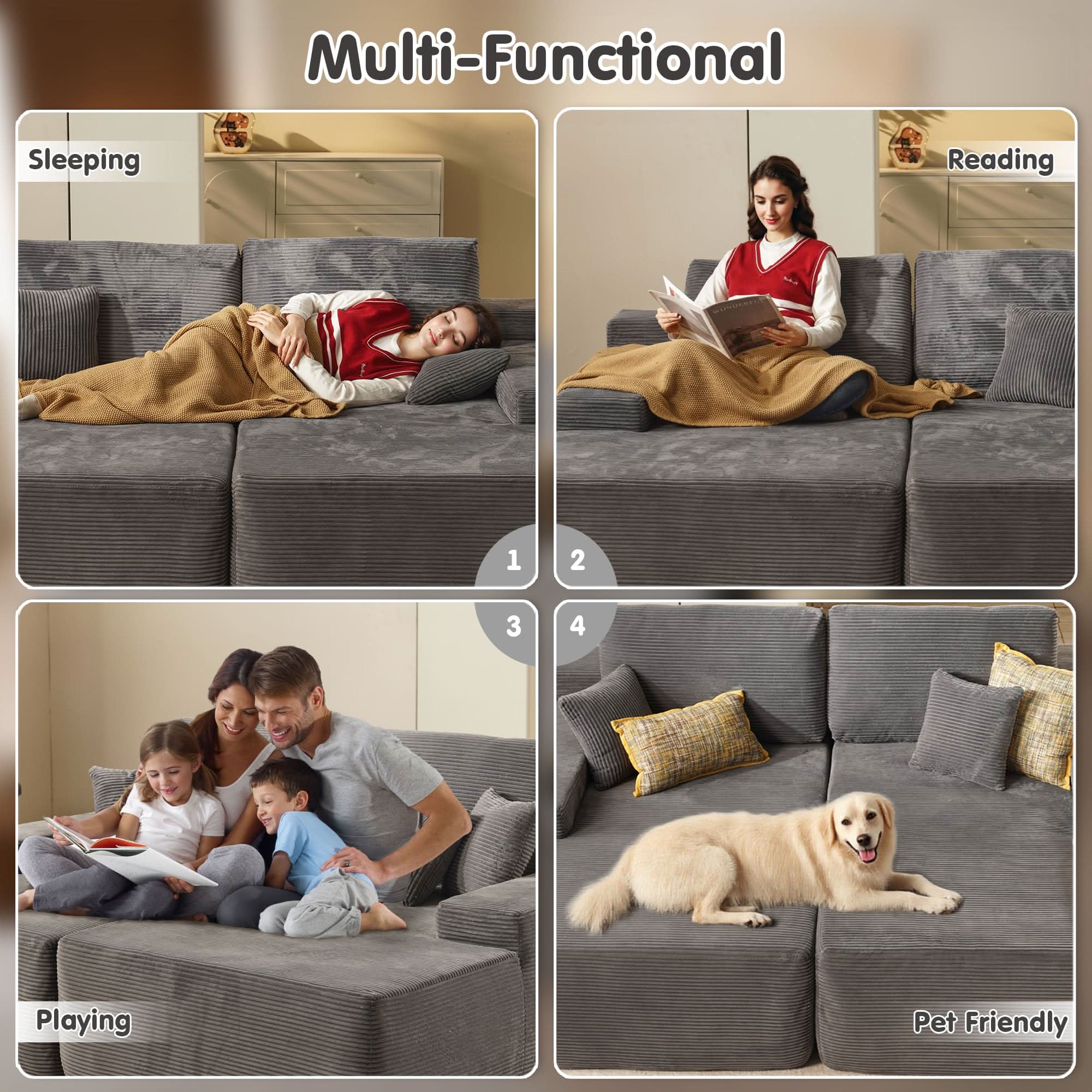 Ovios oversized gray corduroy sectional sofa, Multi-Functional for sleeping, reading, playing, and pet-friendly use.