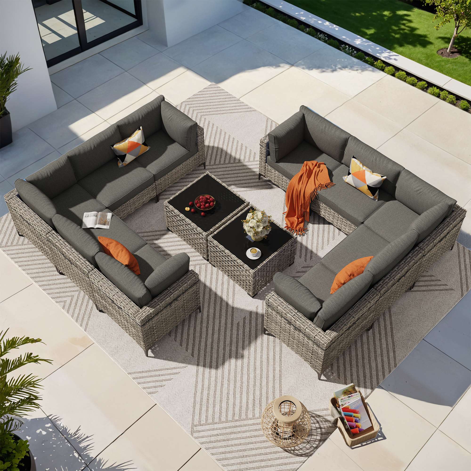 OVIOS Wicker Patio Sectional Conversation Set with Glowing Coffee Table & Single Chairs