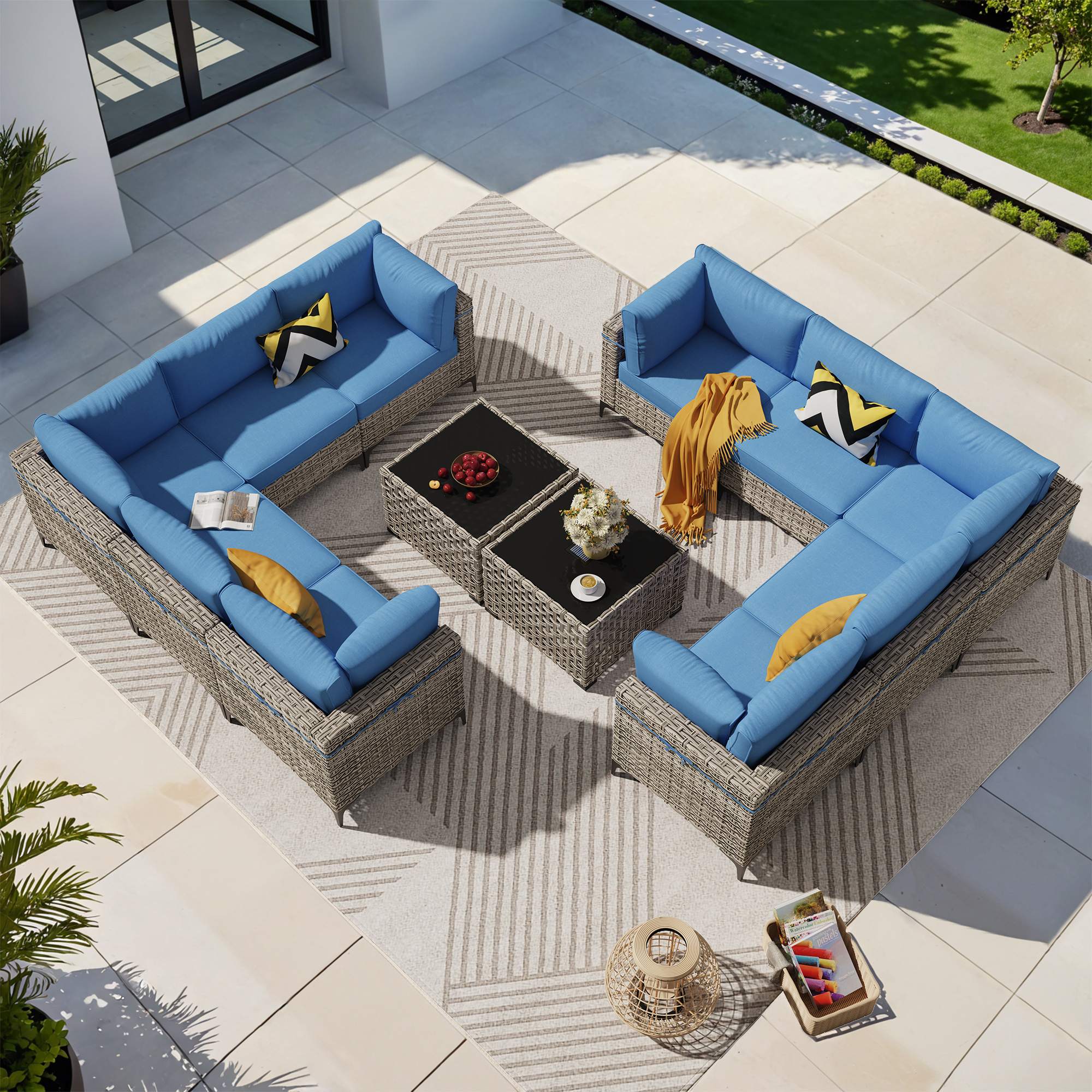 OVIOS Wicker Patio Sectional Conversation Set with Glowing Coffee Table & Single Chairs