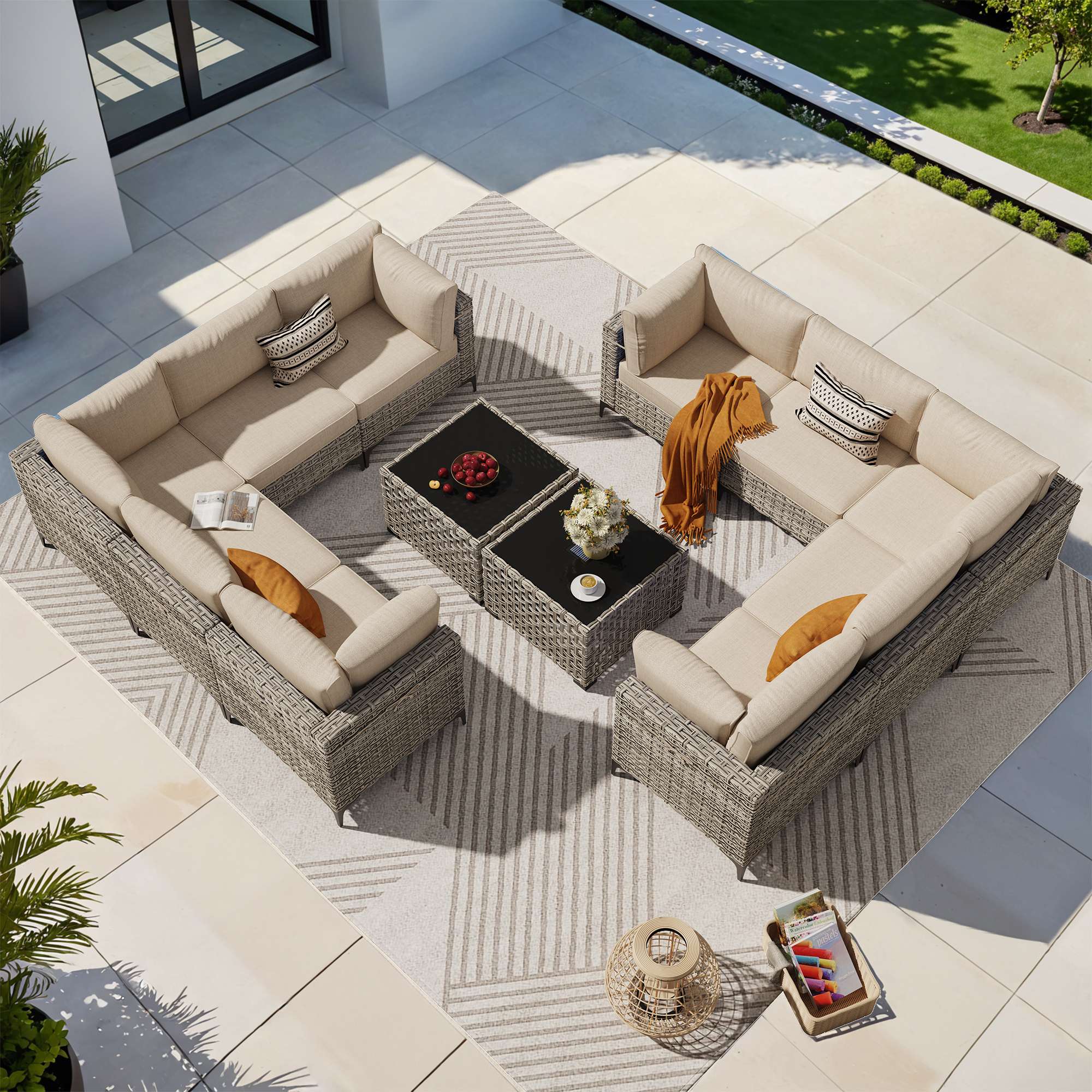 OVIOS Wicker Patio Sectional Conversation Set with Glowing Coffee Table & Single Chairs