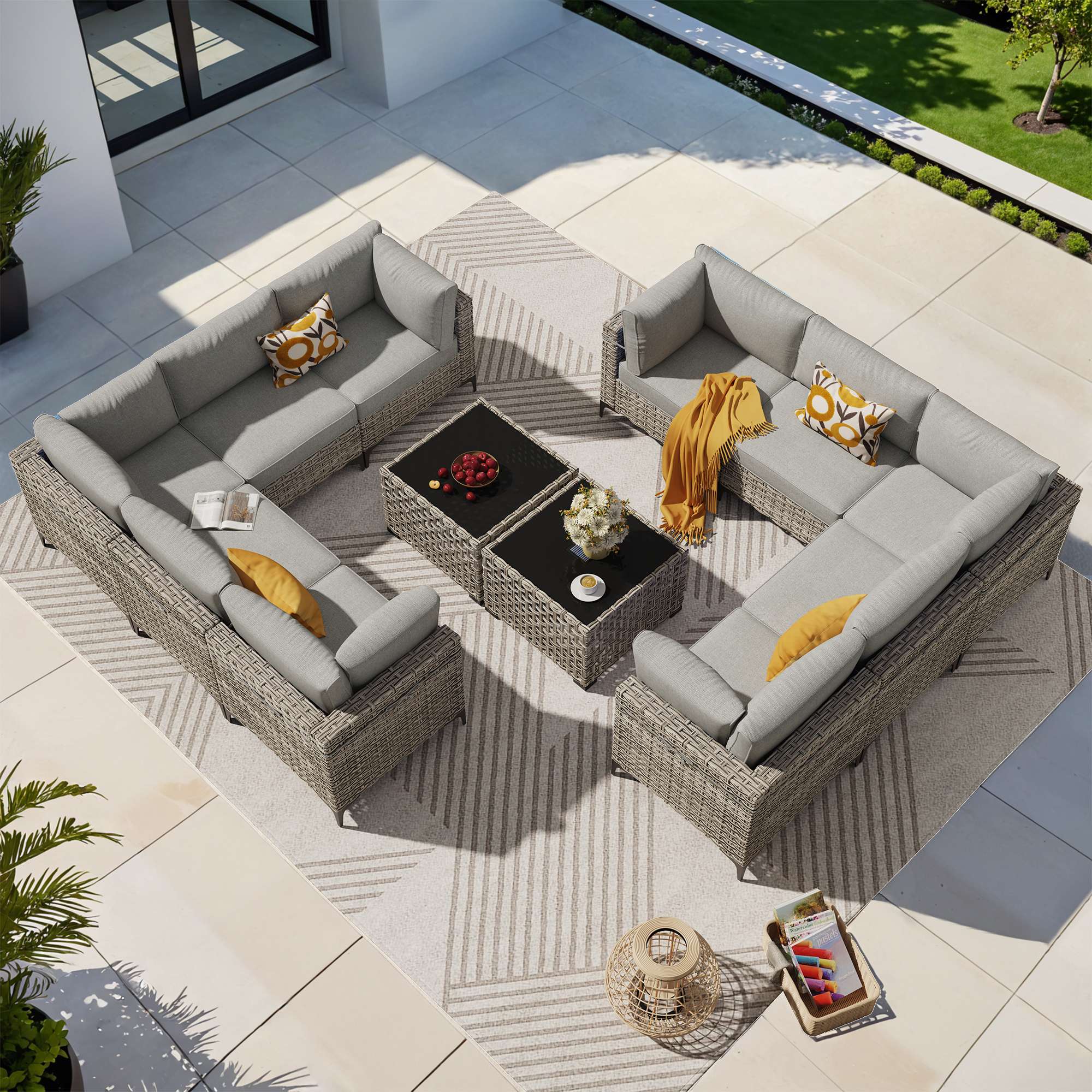 OVIOS Wicker Patio Sectional Conversation Set with Glowing Coffee Table & Single Chairs