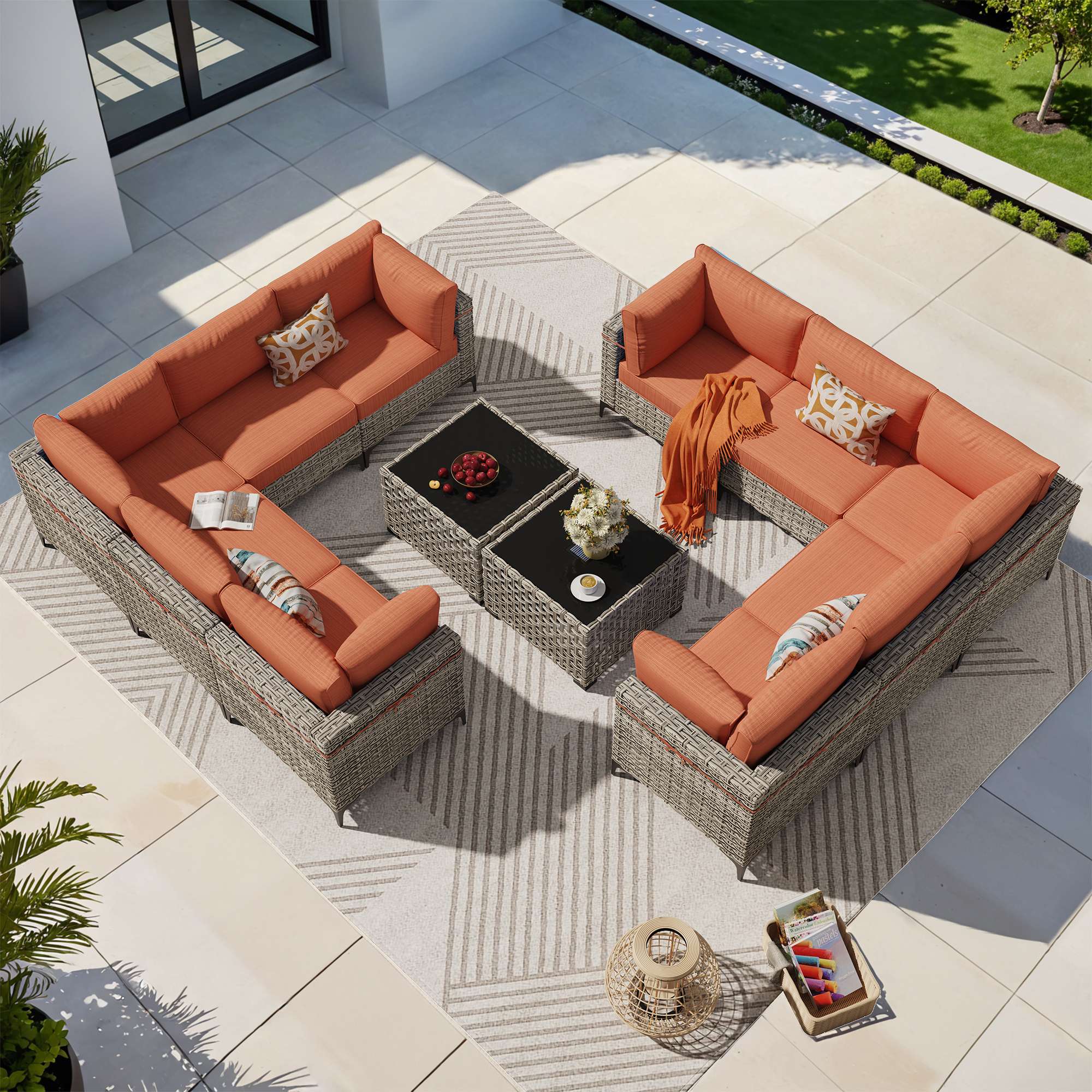 OVIOS Wicker Patio Sectional Conversation Set with Glowing Coffee Table & Single Chairs