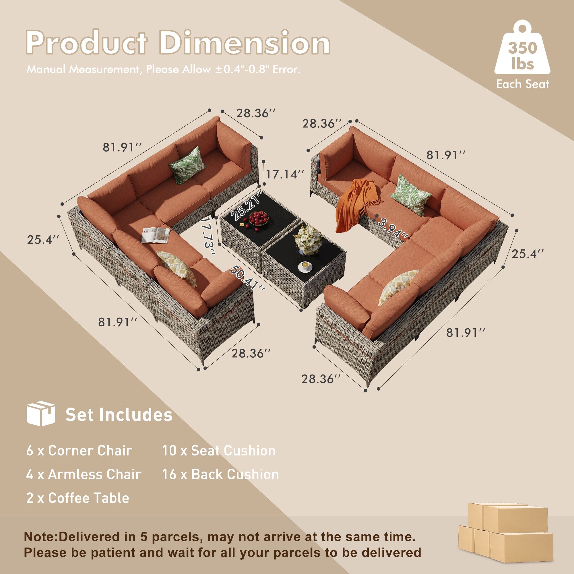 OVIOS Wicker Patio Sectional Conversation Set with Glowing Coffee Table & Single Chairs
