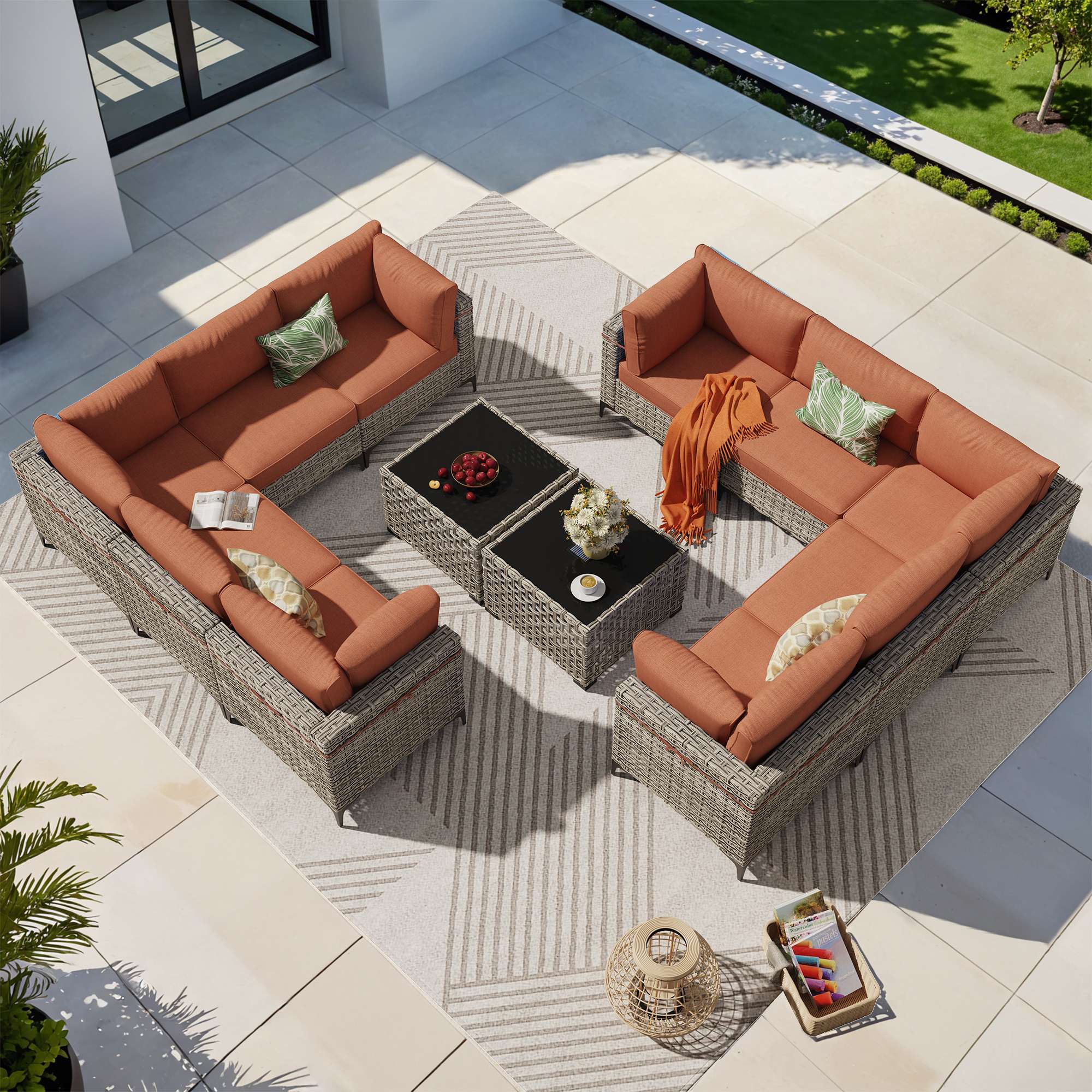 OVIOS Wicker Patio Sectional Conversation Set with Glowing Coffee Table & Single Chairs