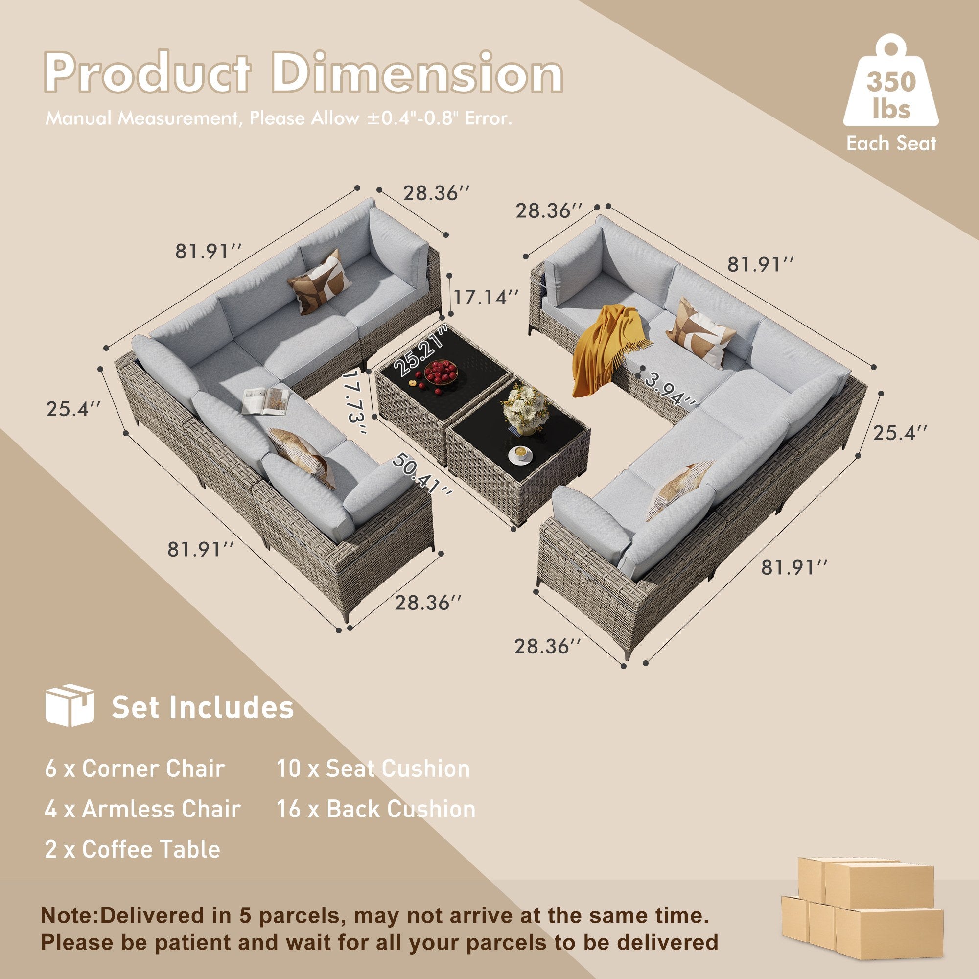 OVIOS Wicker Patio Sectional Conversation Set with Glowing Coffee Table & Single Chairs