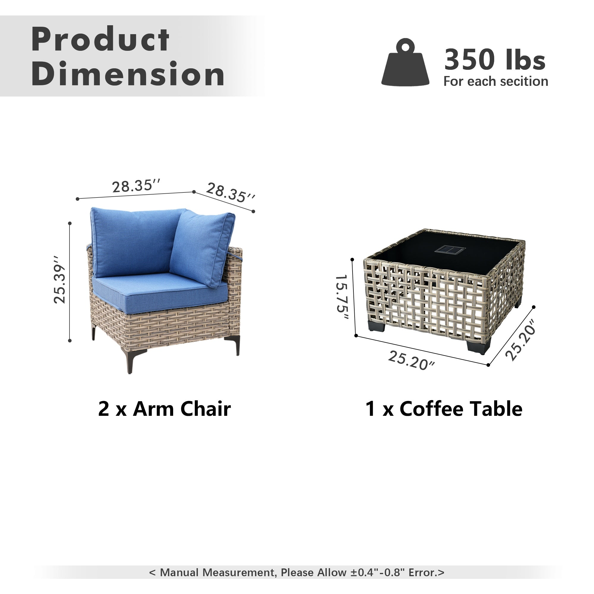 OVIOS Wicker Patio Sectional Conversation Set with Glowing Coffee Table & Single Chairs