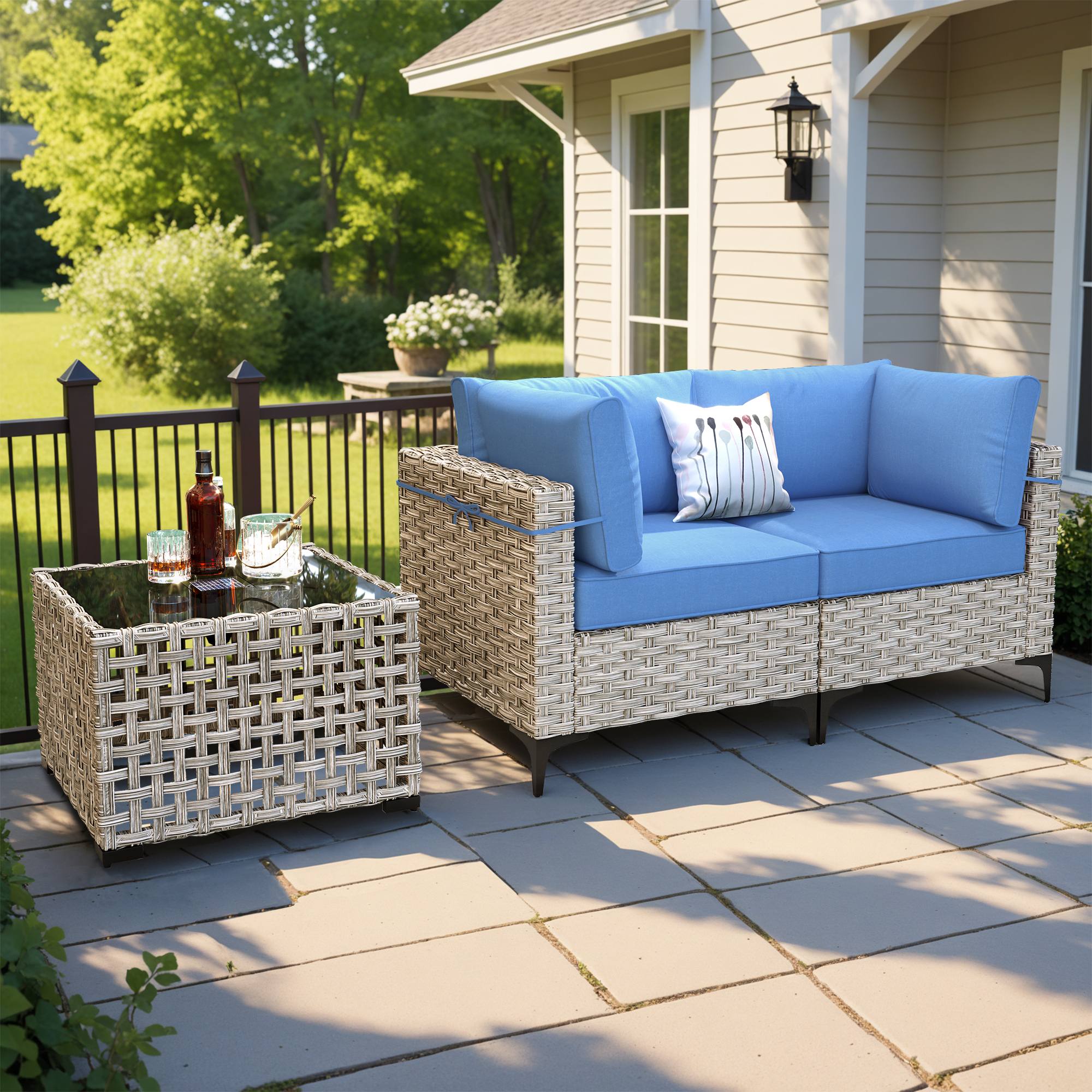 OVIOS Wicker Patio Sectional Conversation Set with Glowing Coffee Table & Single Chairs