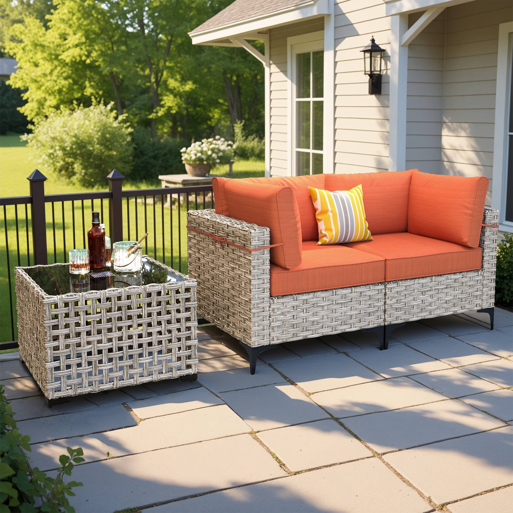 OVIOS Wicker Patio Sectional Conversation Set with Glowing Coffee Table & Single Chairs
