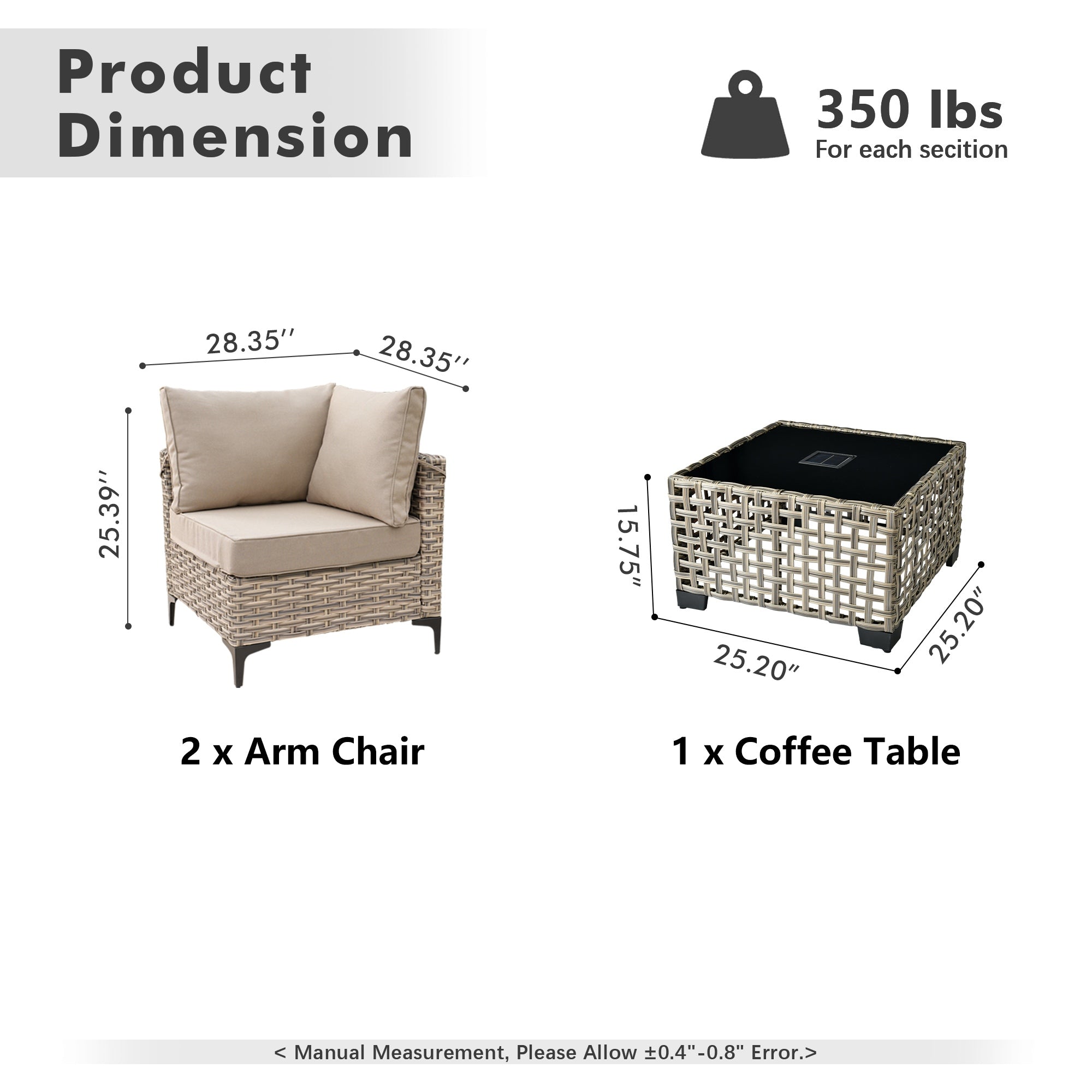 OVIOS Wicker Patio Sectional Conversation Set with Glowing Coffee Table & Single Chairs