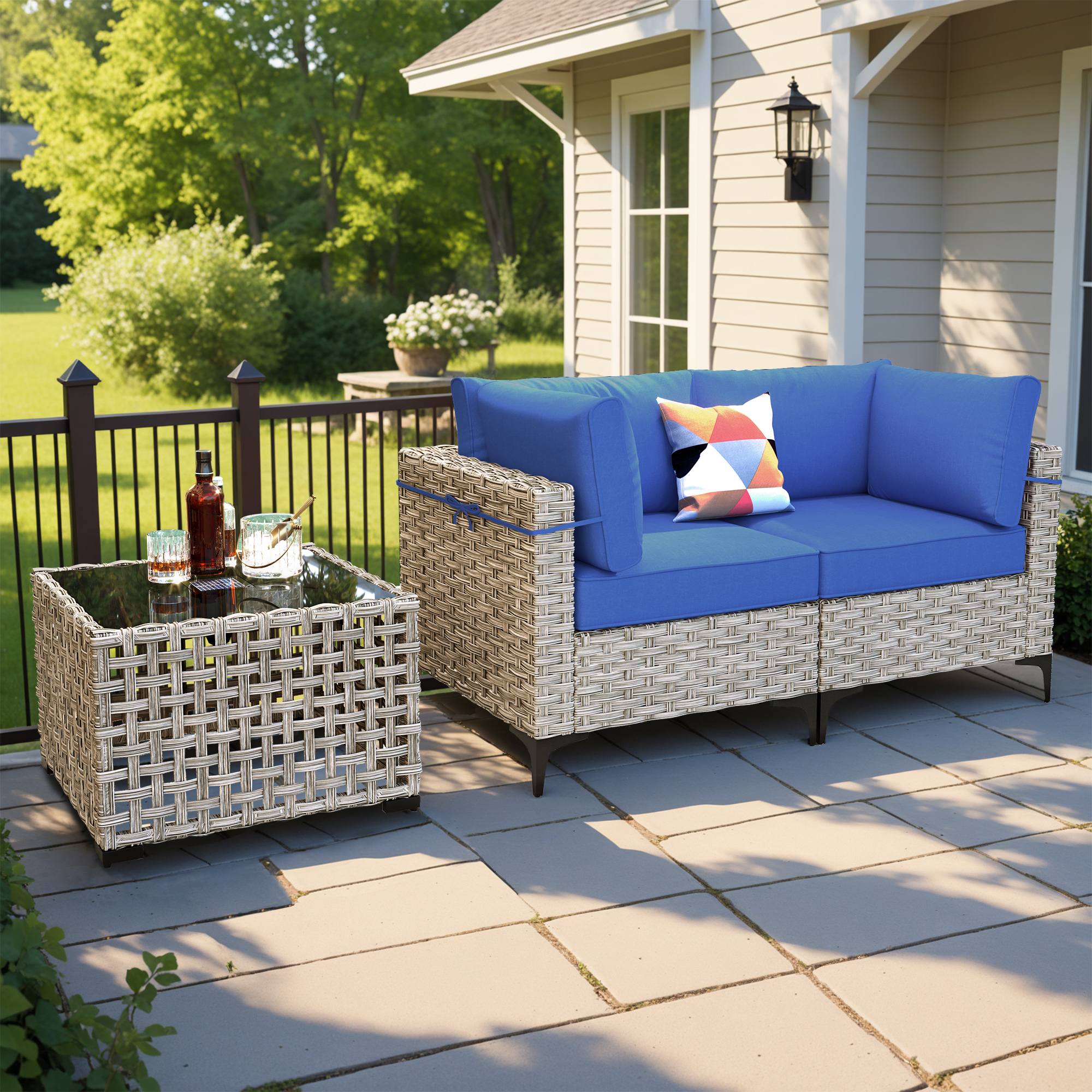 OVIOS Wicker Patio Sectional Conversation Set with Glowing Coffee Table & Single Chairs