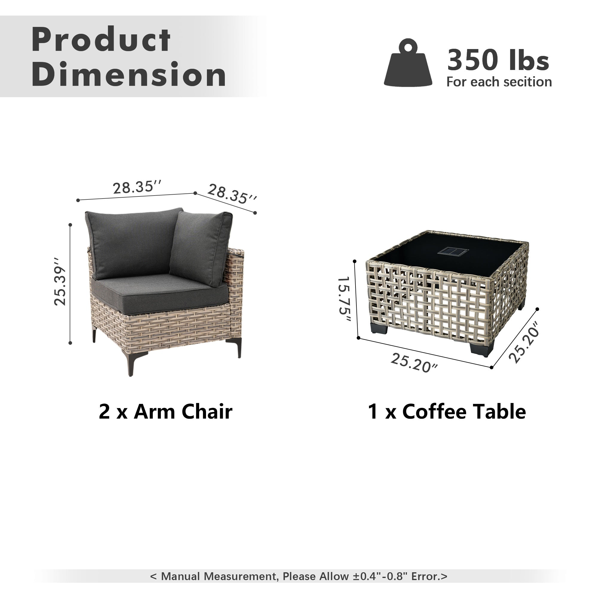 OVIOS Wicker Patio Sectional Conversation Set with Glowing Coffee Table & Single Chairs