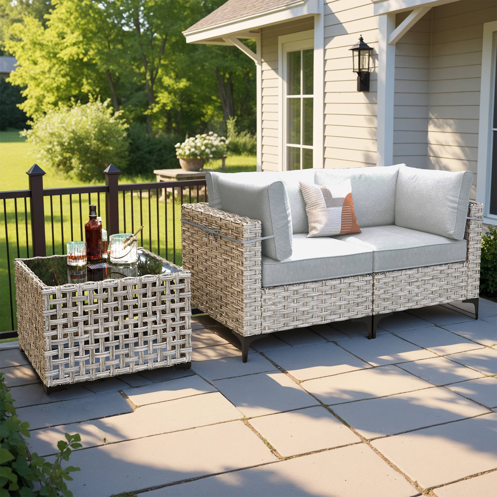 OVIOS Wicker Patio Sectional Conversation Set with Glowing Coffee Table & Single Chairs