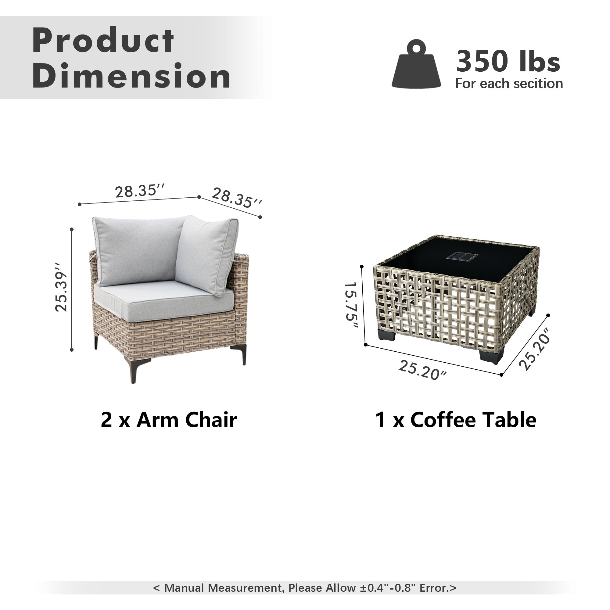 OVIOS Wicker Patio Sectional Conversation Set with Glowing Coffee Table & Single Chairs