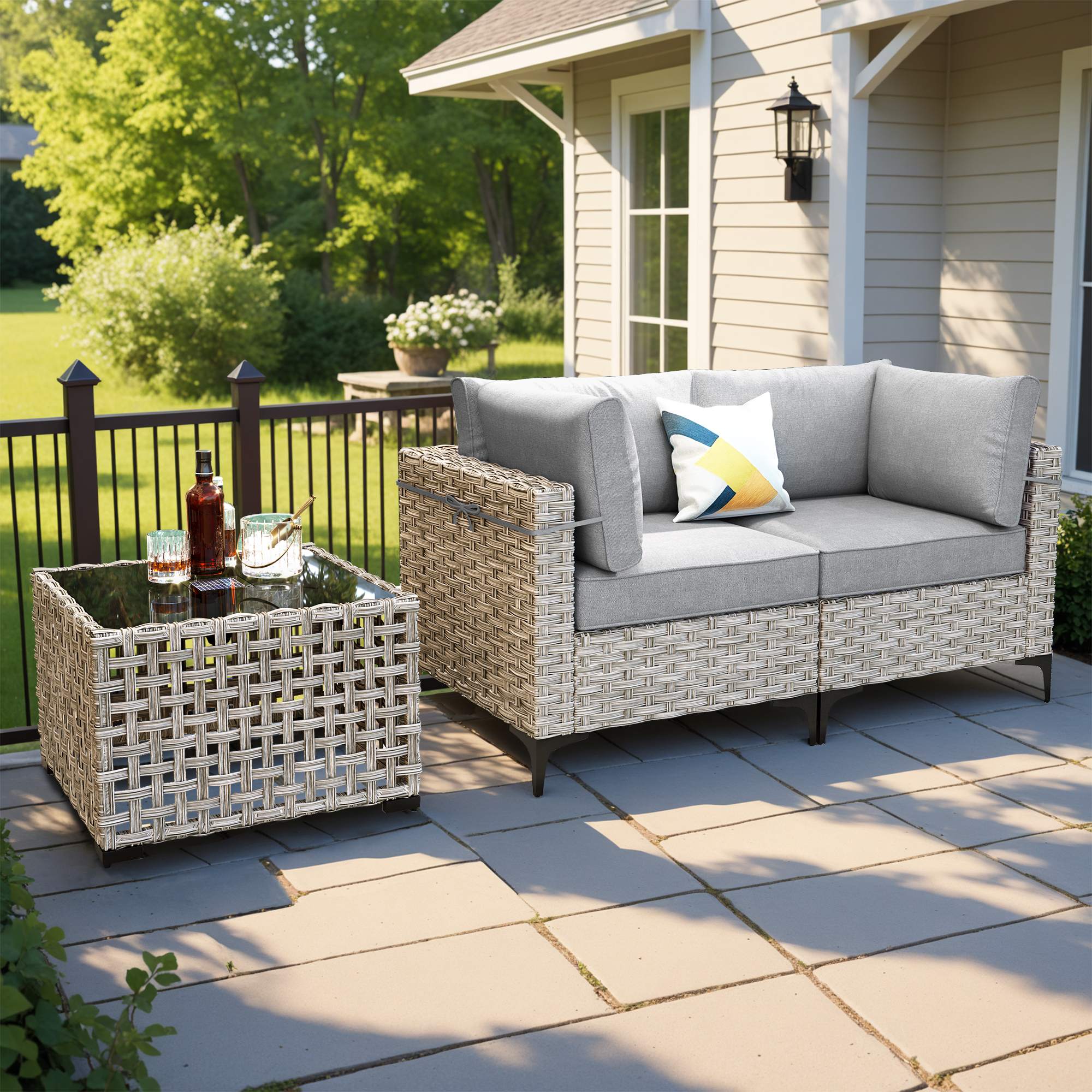 OVIOS Wicker Patio Sectional Conversation Set with Glowing Coffee Table & Single Chairs