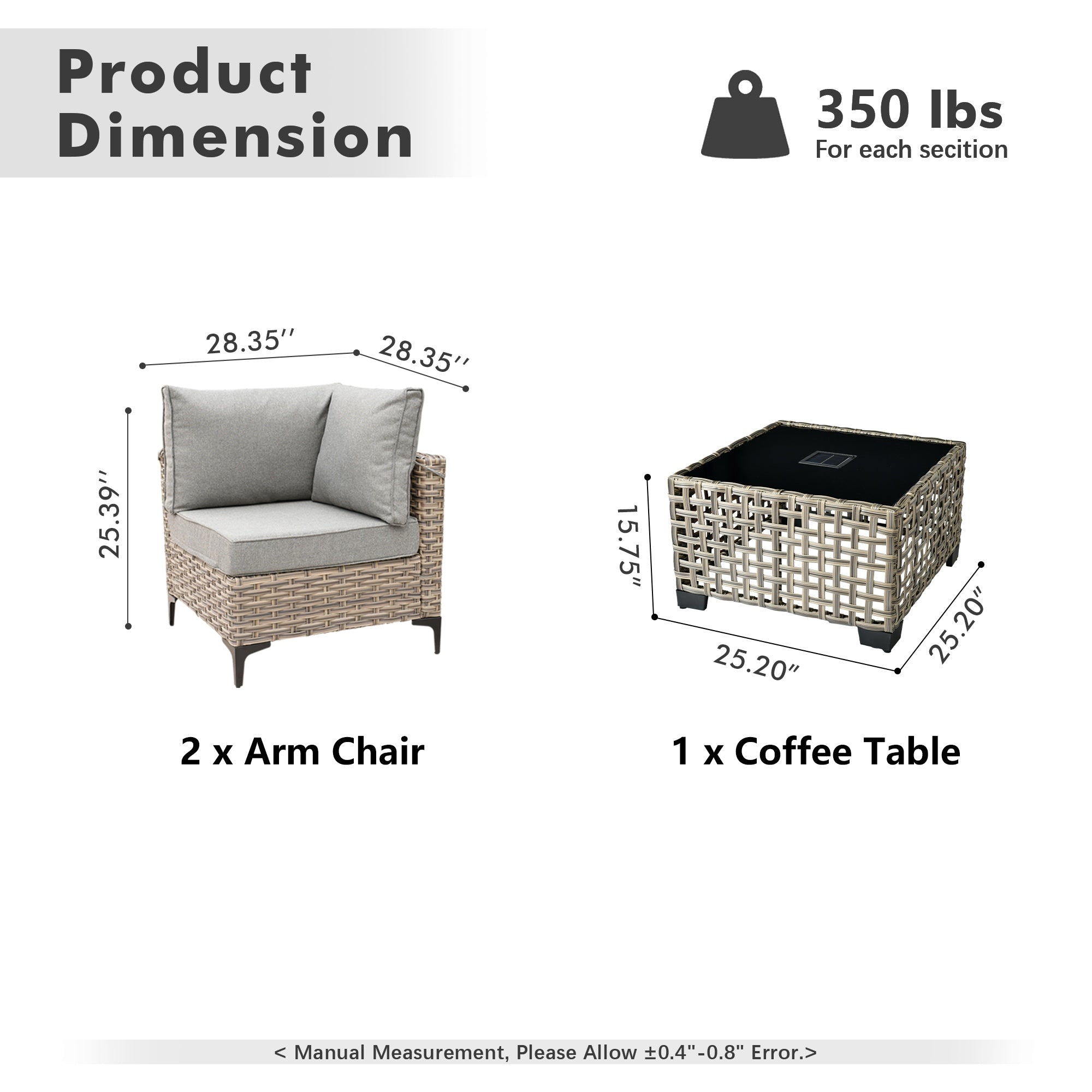 OVIOS Wicker Patio Sectional Conversation Set with Glowing Coffee Table & Single Chairs