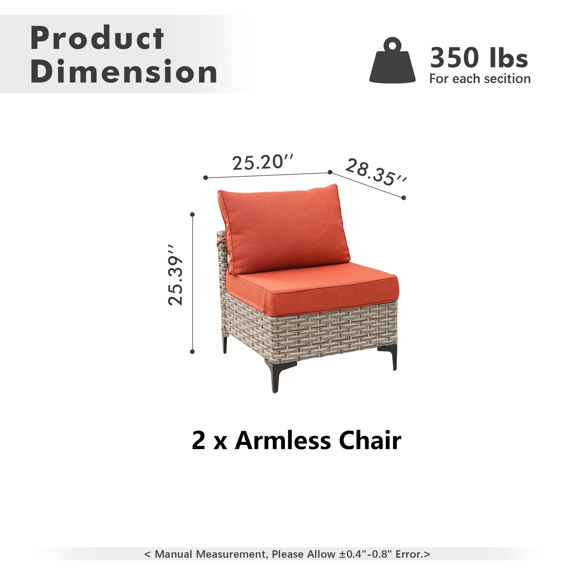 OVIOS wicker patio sectional armless chair, 25.39"H x 25.20"W dimensions, 350 lbs capacity.