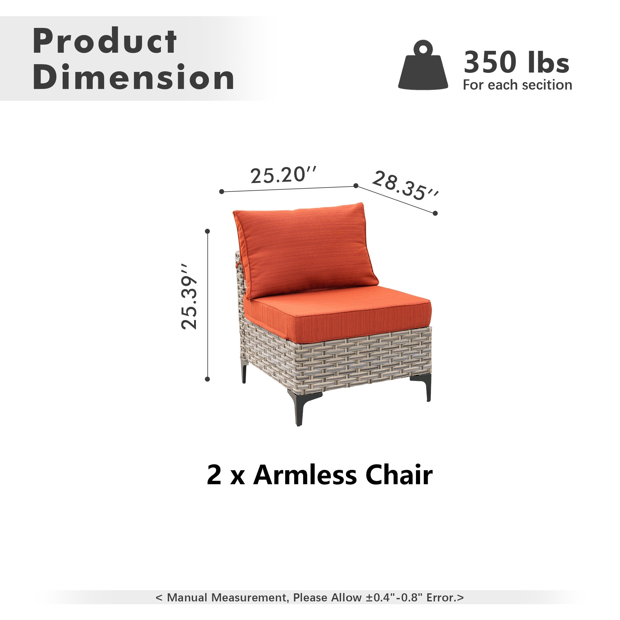 OVIOS grey wicker armless sectional chair, orange cushion, 350 lbs capacity.