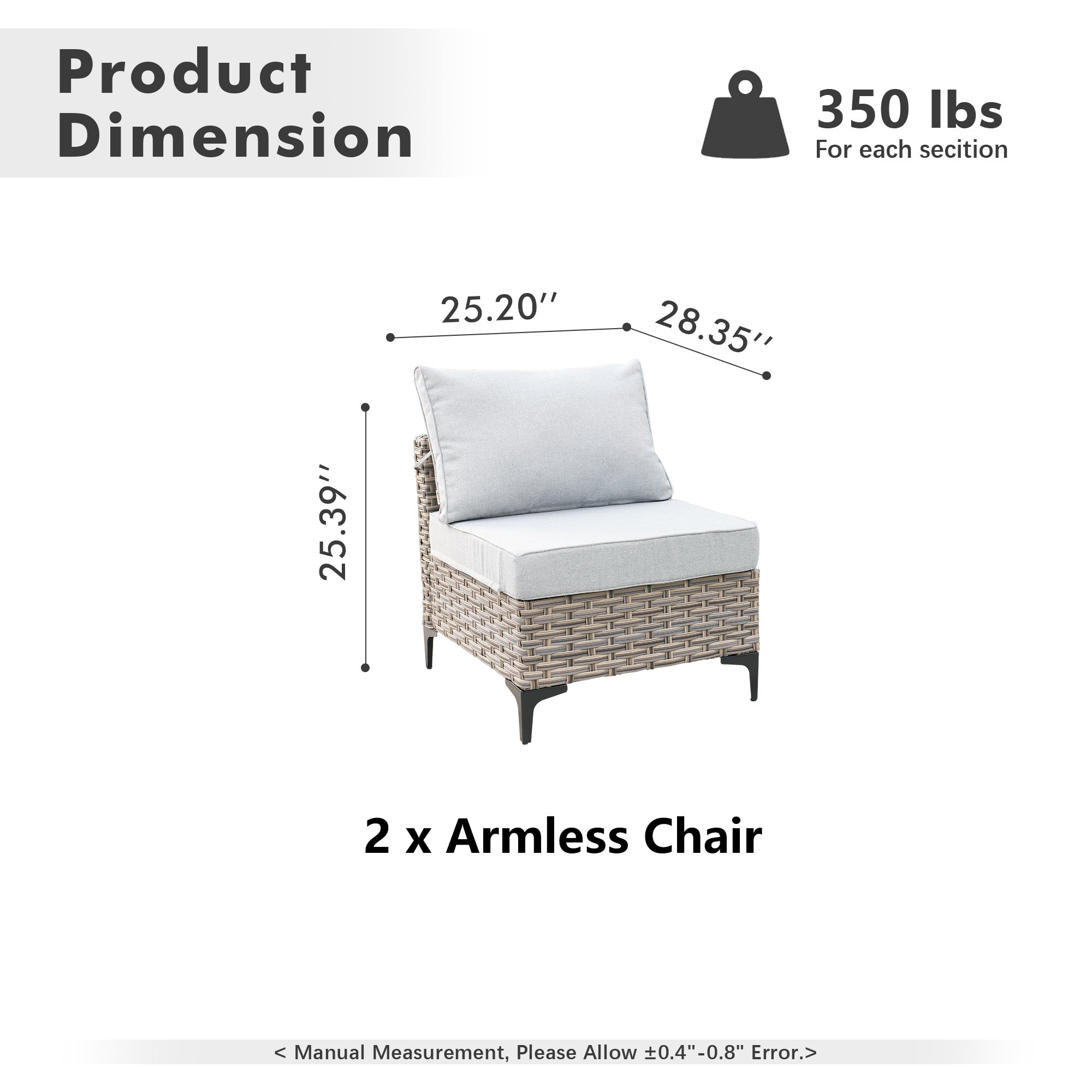 OVIOS wicker patio sectional armless chair dimensions: 25.39"H x 25.20"W, 350 lbs capacity graphic.
