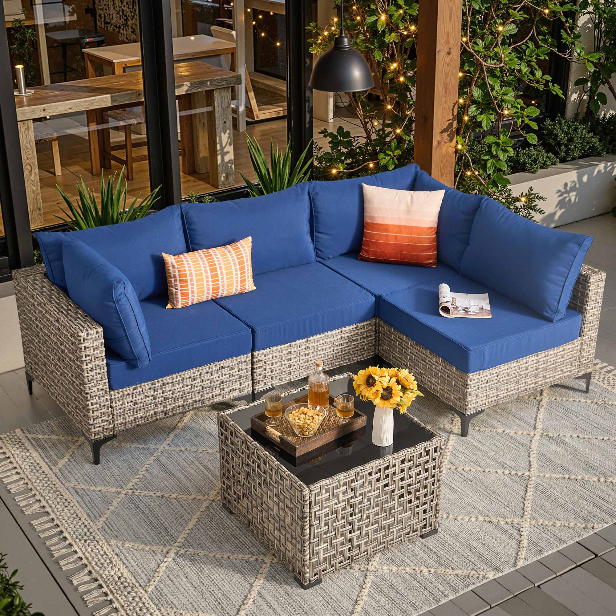 OVIOS Wicker Patio Sectional Conversation Set with Glowing Coffee Table & Single Chairs
