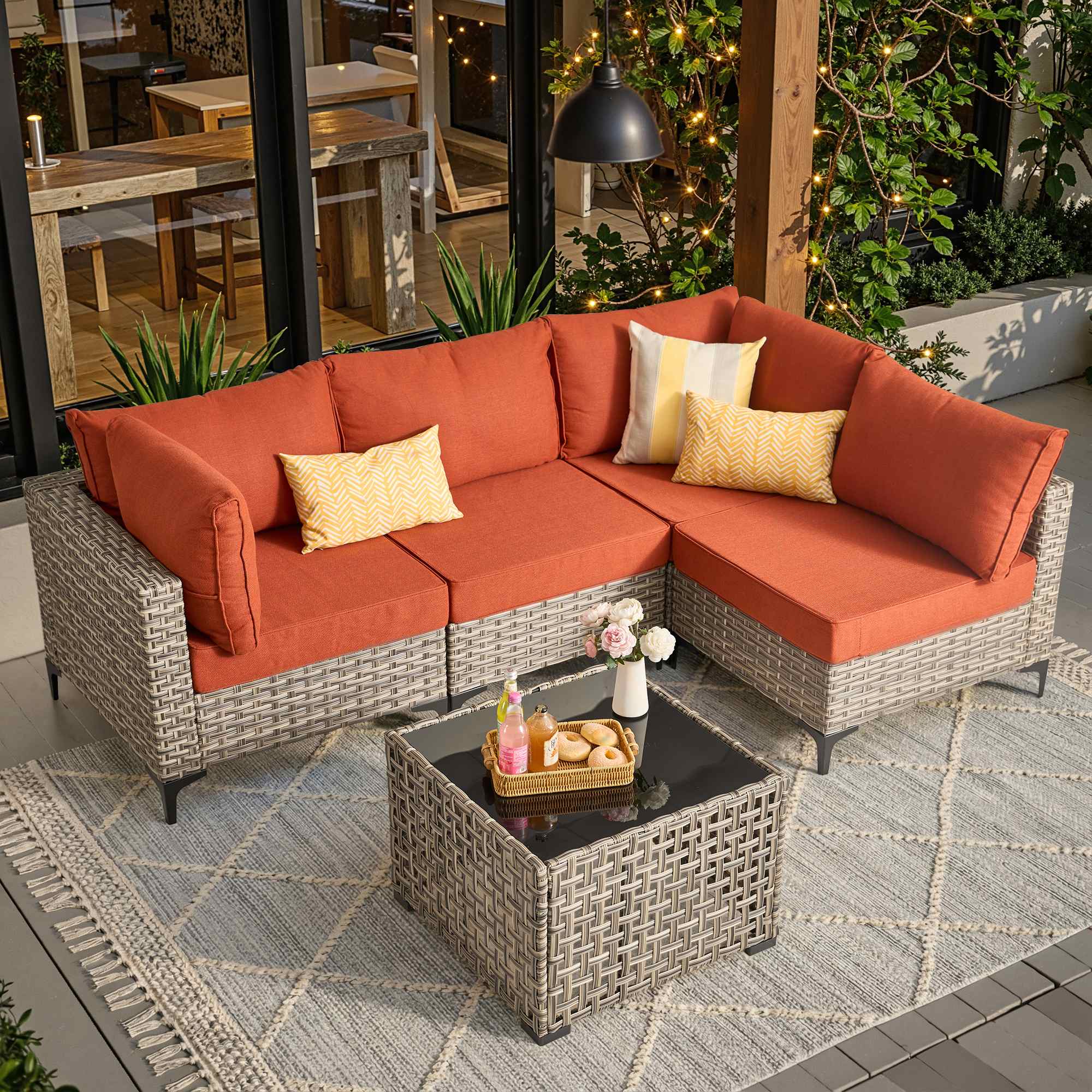 OVIOS Wicker Patio Sectional Conversation Set with Glowing Coffee Table & Single Chairs