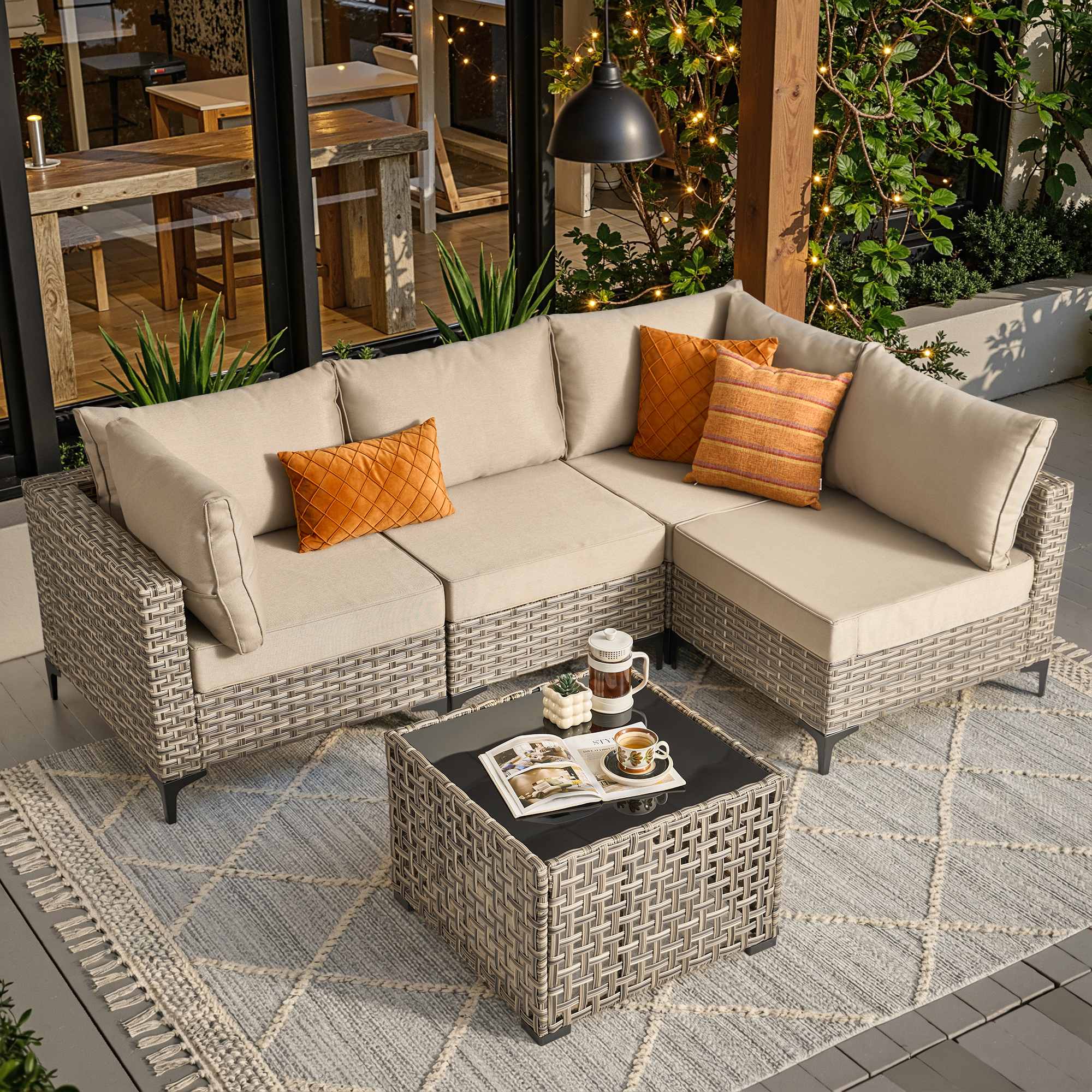 OVIOS Wicker Patio Sectional Conversation Set with Glowing Coffee Table & Single Chairs